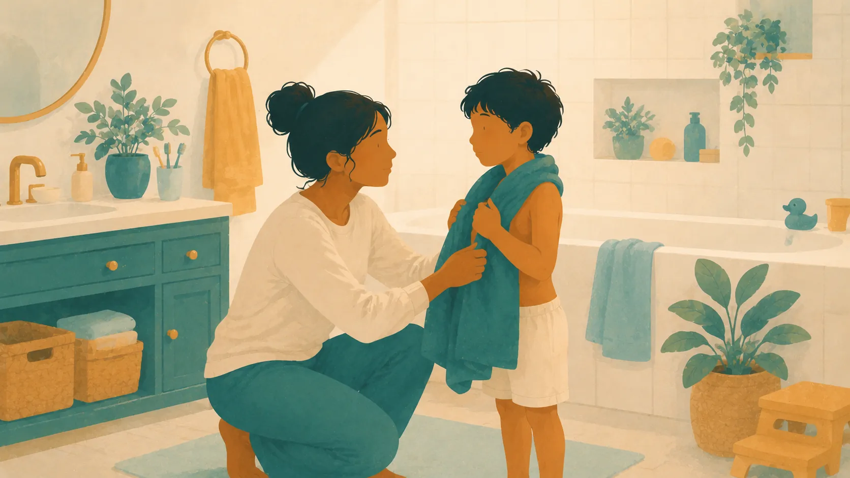 A parent wraps a towel around a child standing beside a bath.