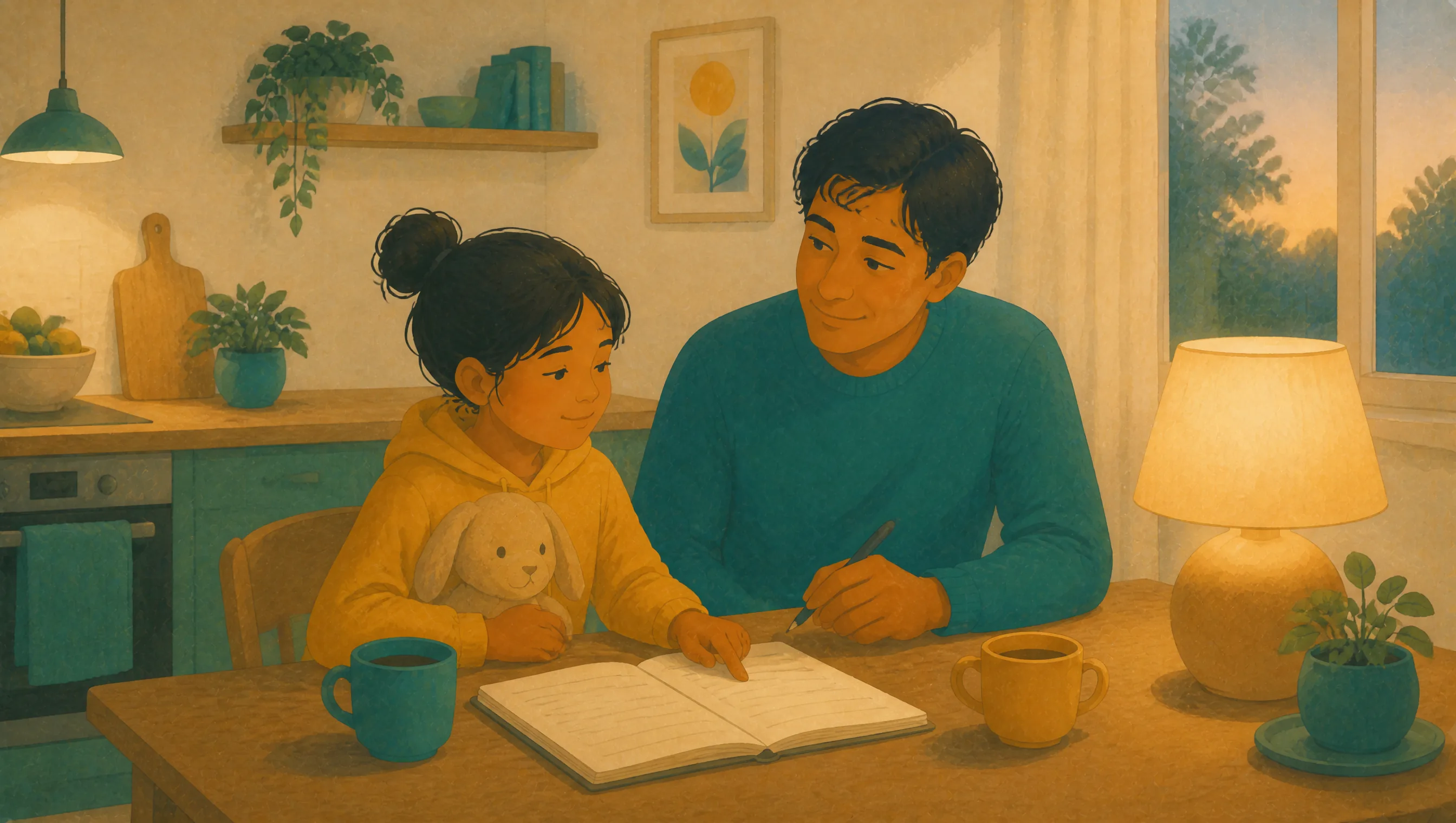 A parent and child at a kitchen table with an open notebook between them, the parent holding a pen and pointing at the page, the child holding a soft toy.