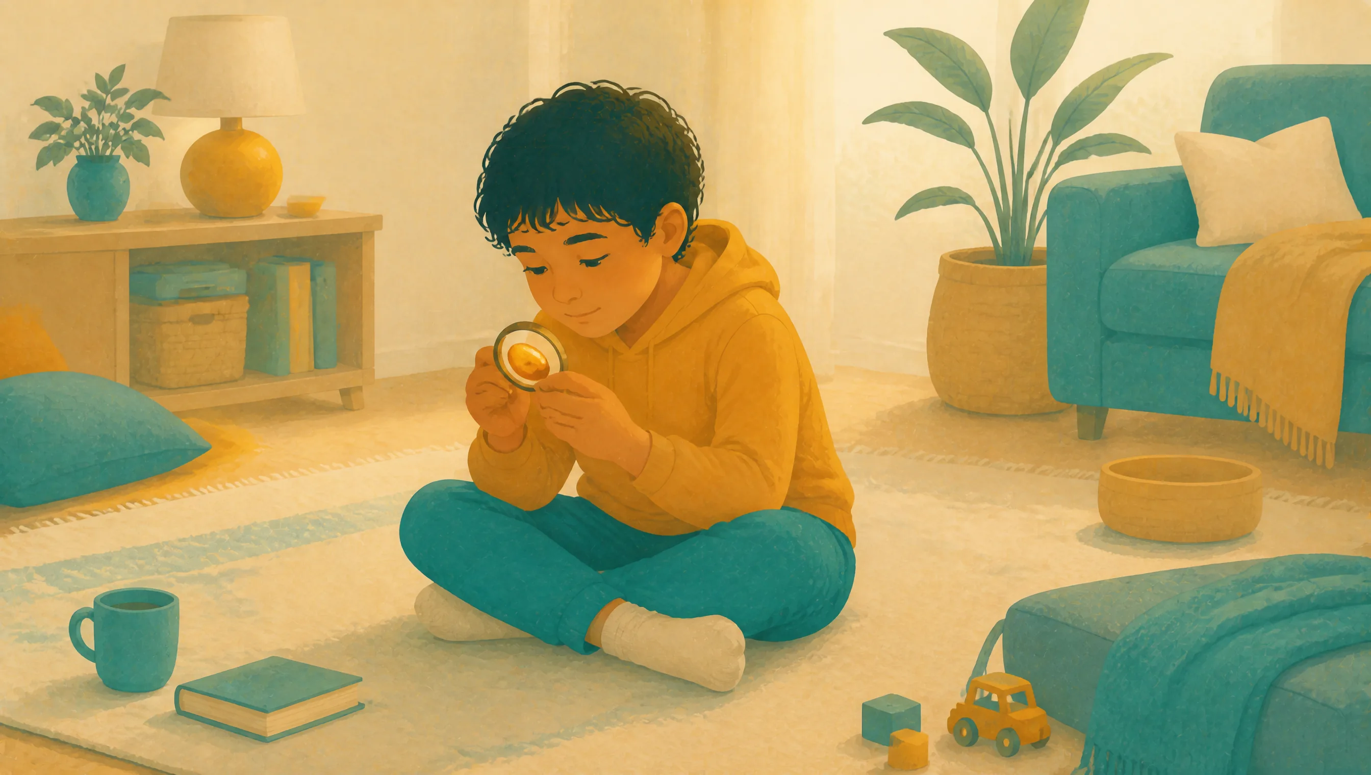 A boy sits cross-legged on a living room rug, examining a small object through a magnifying glass, surrounded by toys, books and a mug.