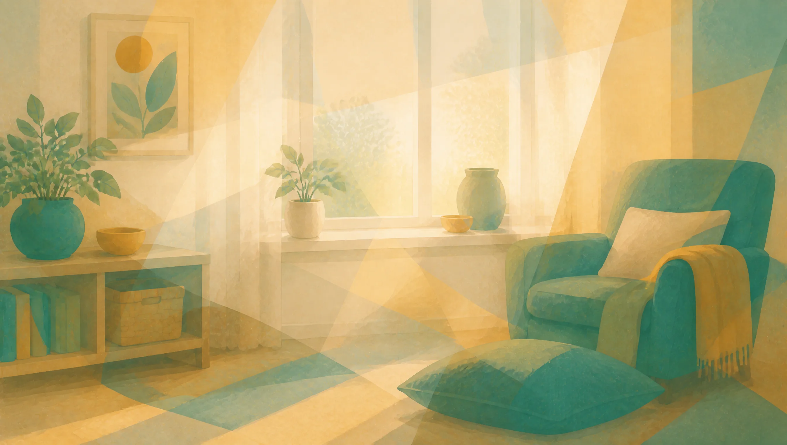 A calm living room bathed in overlapping geometric beams of golden light, with a teal armchair, a side table holding a plant and books, and a curtained window.