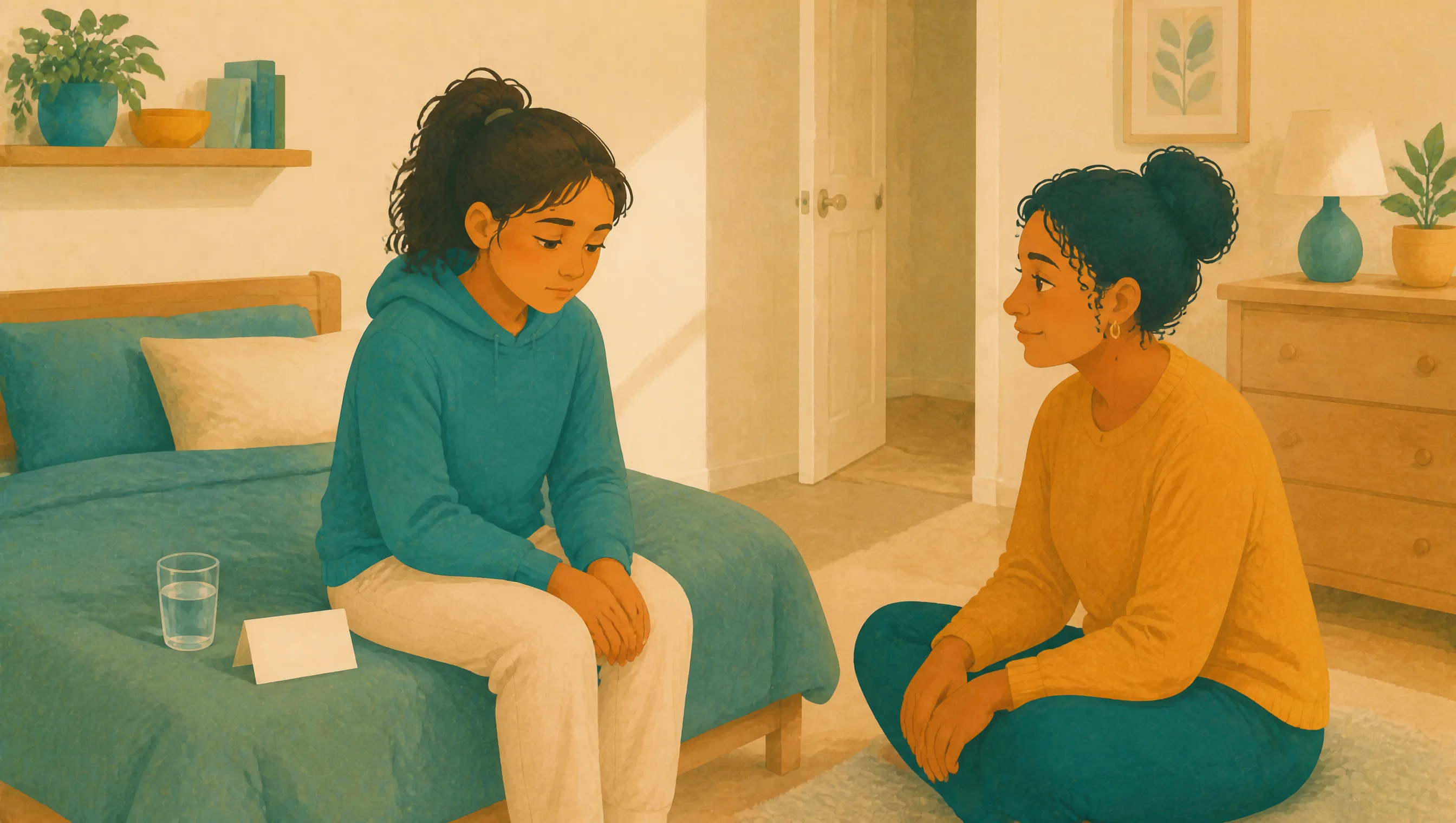 A girl sits on the edge of a bed looking down with hands clasped, a woman sitting cross-legged on the floor nearby looking towards her.