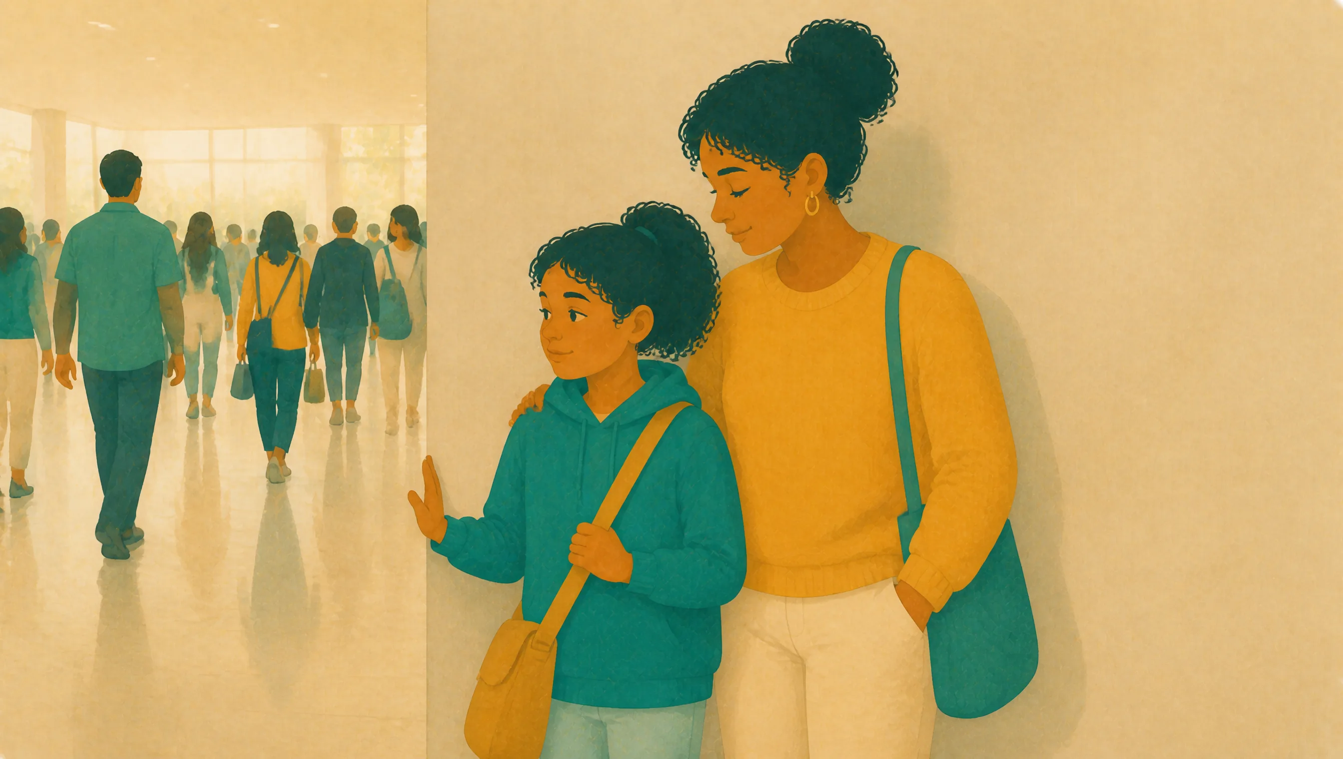 A mother stands close to her daughter at the edge of a bright, busy lobby, a little apart from the crowd passing behind them.