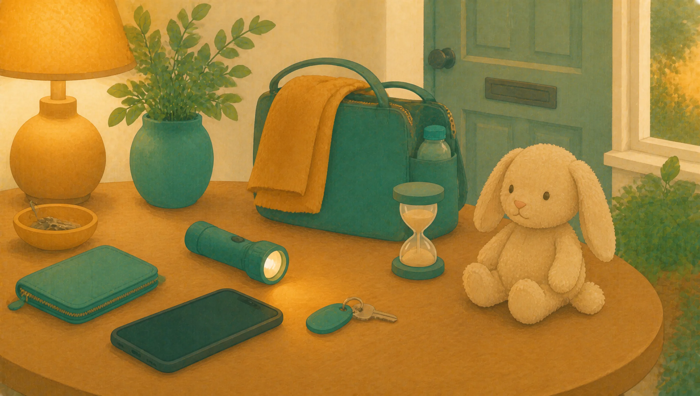 A bag packed with a blanket, a water bottle, a torch, keys, a phone and a soft toy sits ready on a table by the front door.
