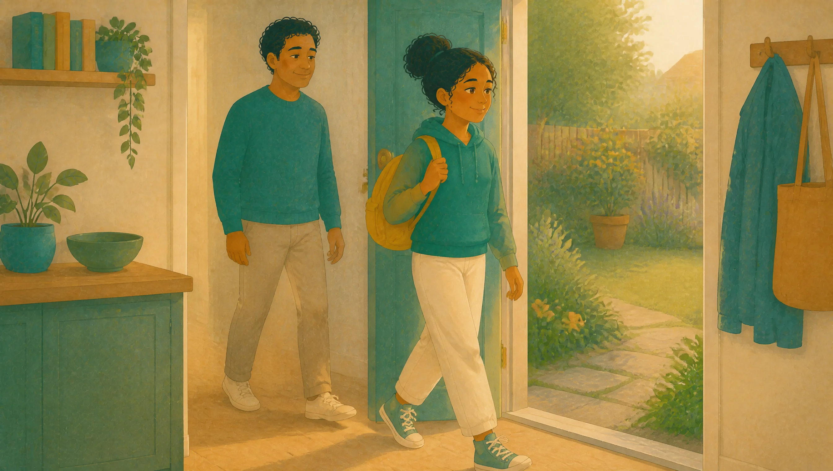 A hallway with a girl wearing a yellow backpack walking through an open door towards a garden, followed by a man, in teal and cream tones.