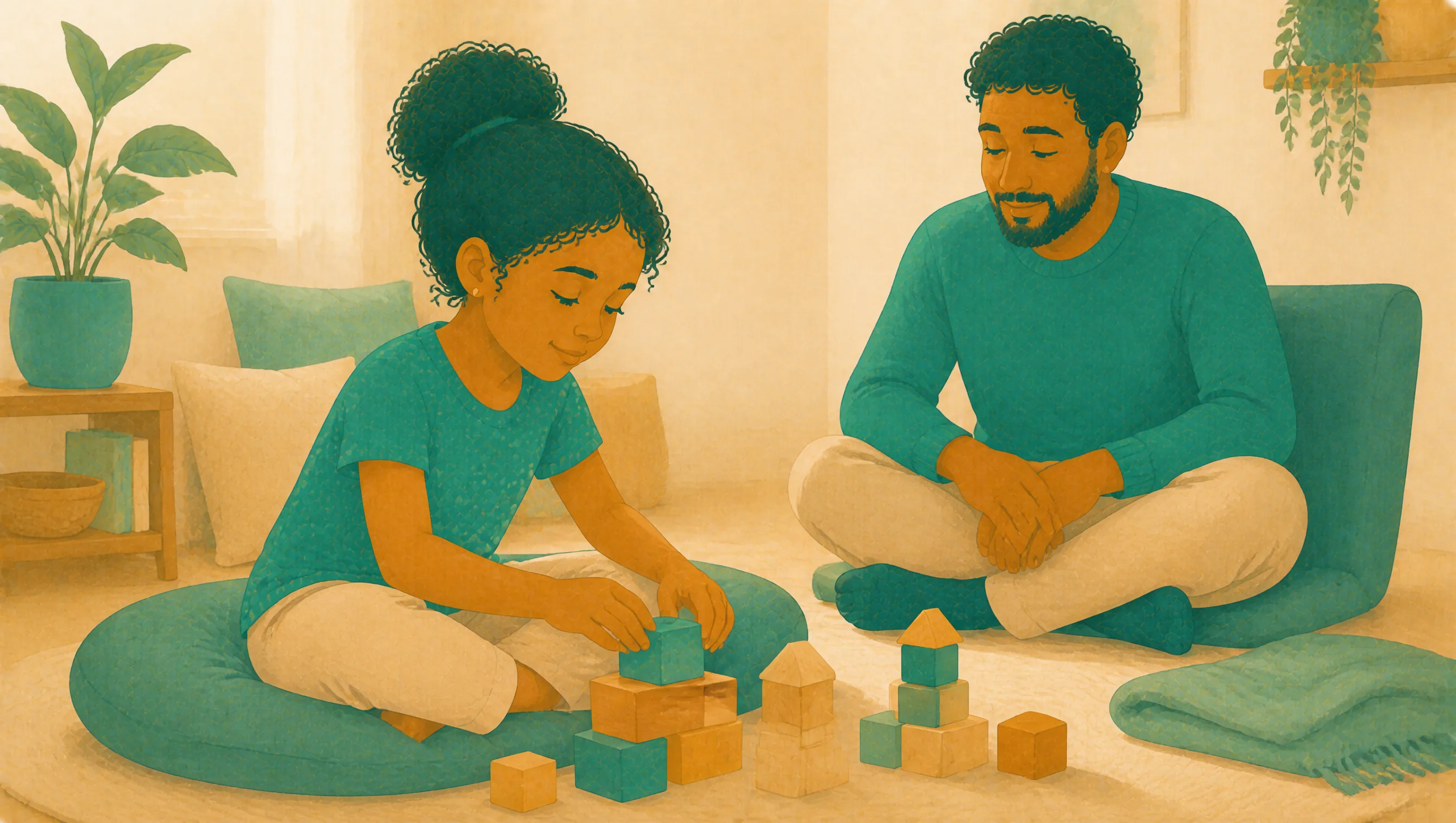 A father sits cross-legged on the floor watching his daughter build with wooden blocks in a quiet living room.