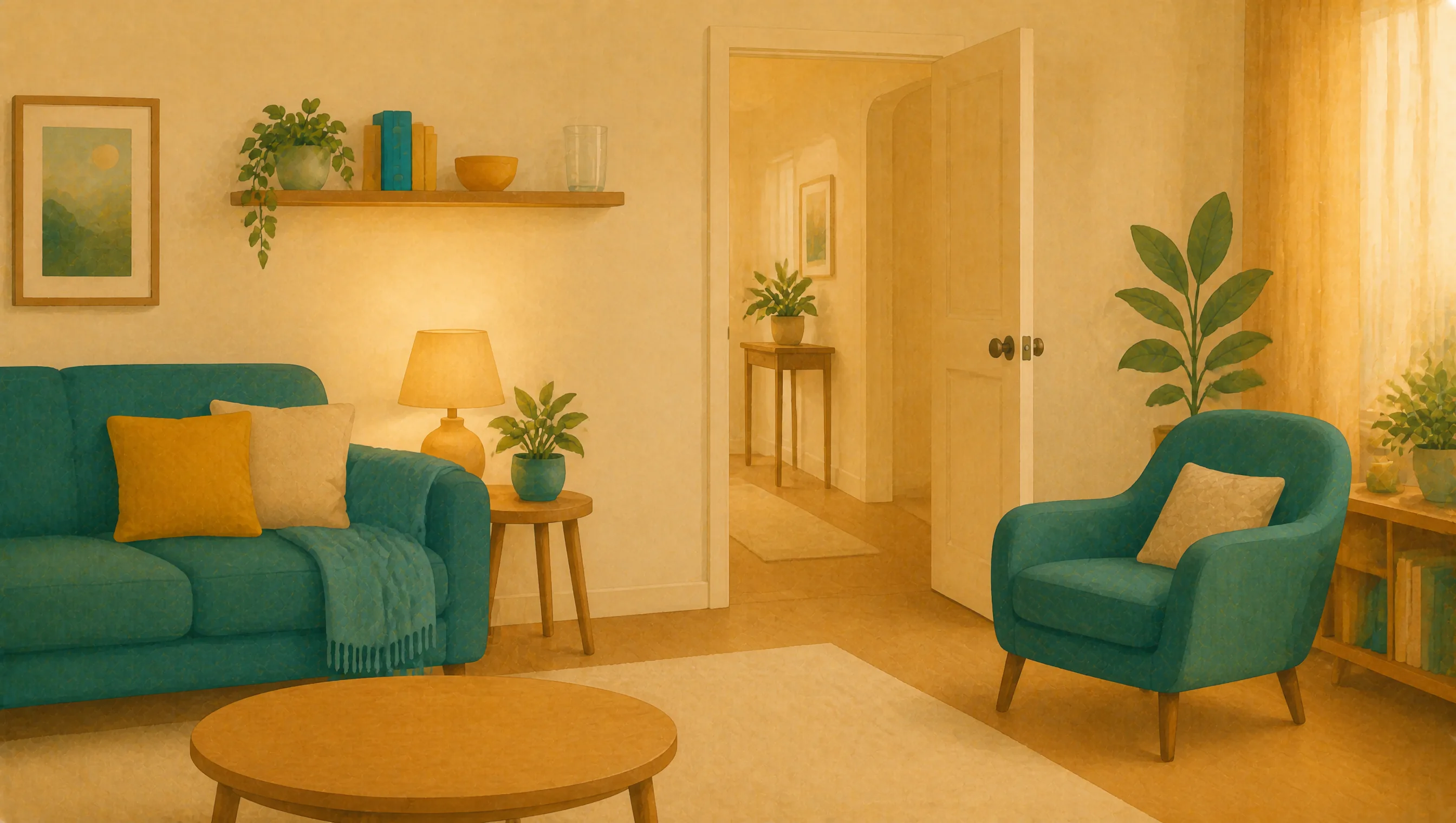 A quiet, softly lit living room with a sofa, an armchair, a lamp and an open door through to the hallway, the space uncluttered and clear.