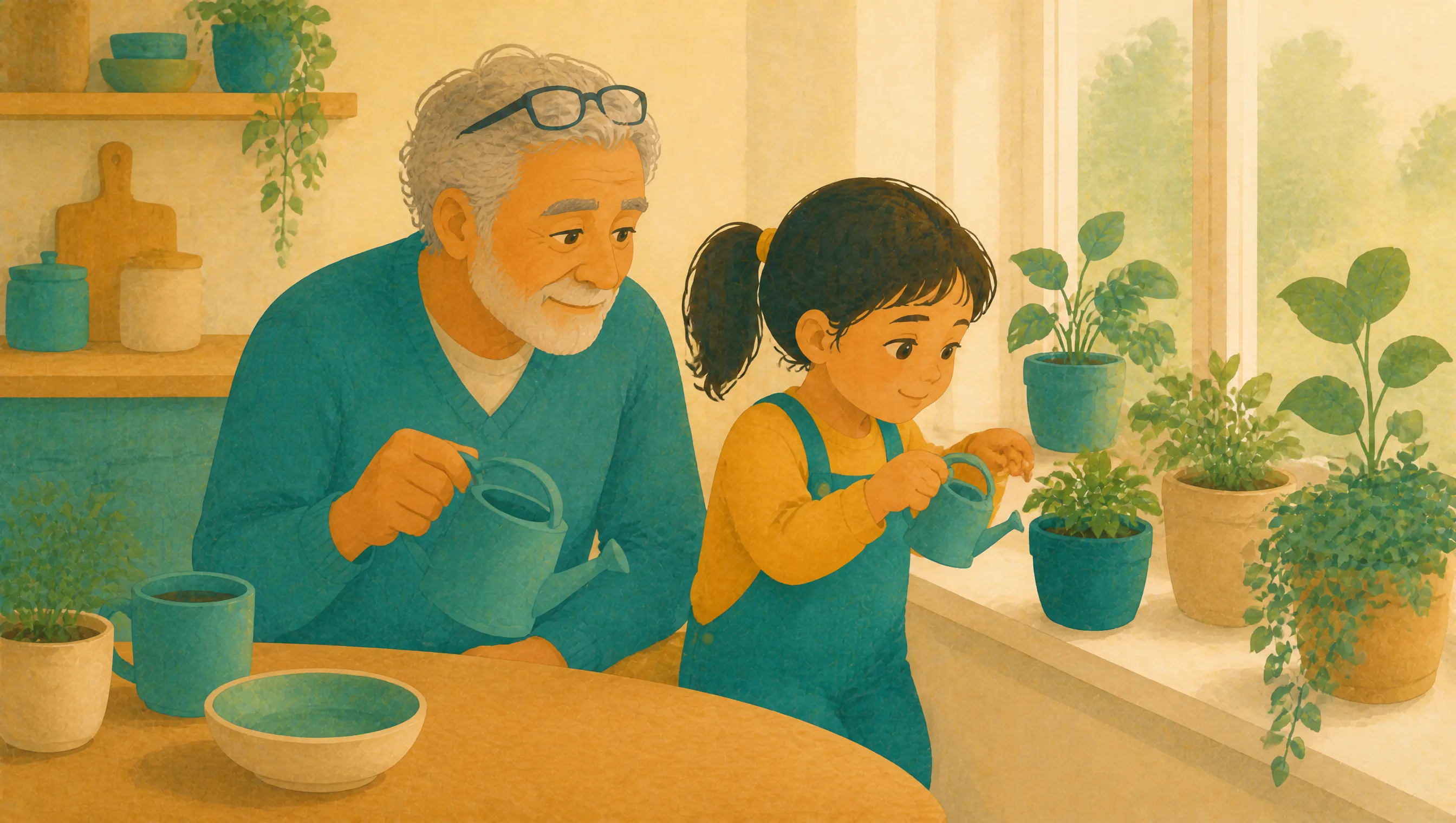 An older man and a young girl watering potted plants on a windowsill together, each holding a small watering can, kitchen shelves and jars behind.