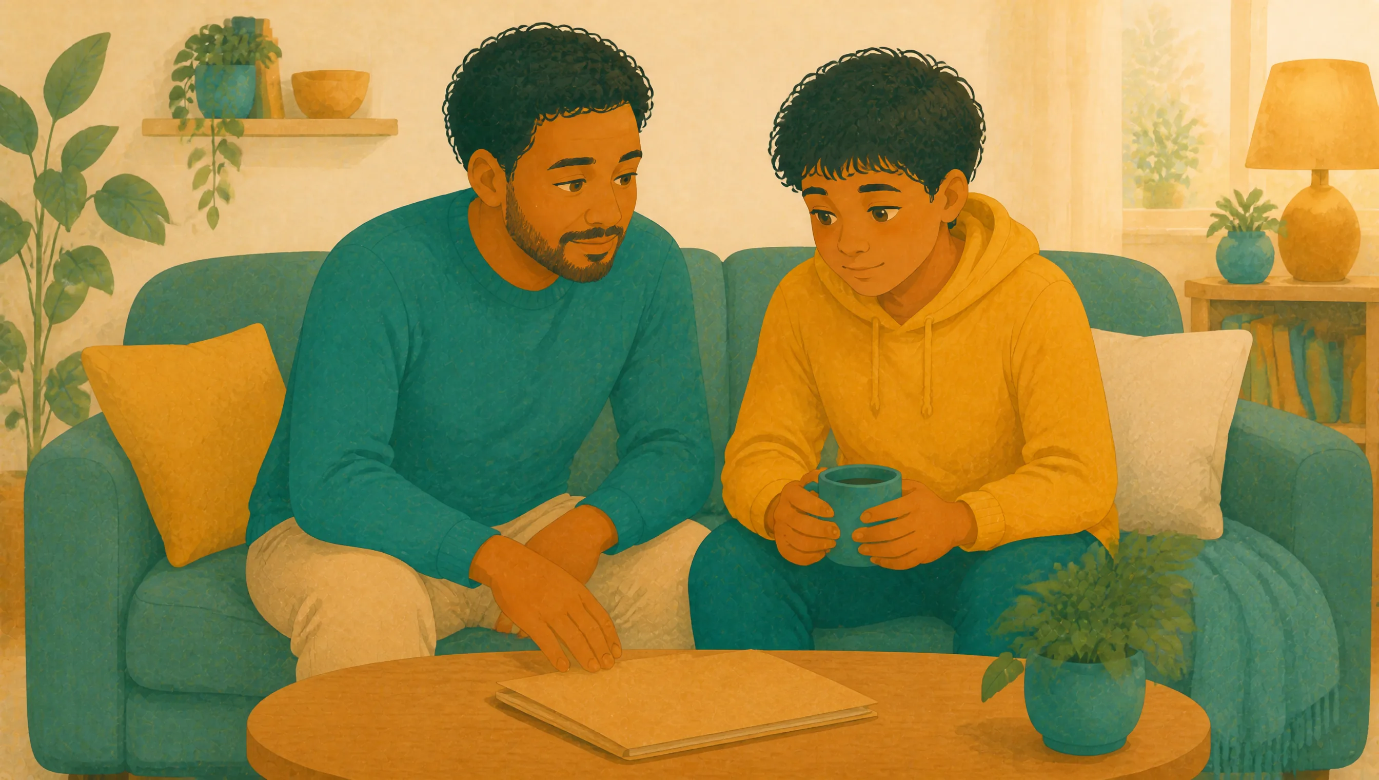 A man and a boy sitting side by side on a teal sofa, looking down at a closed folder on a wooden coffee table, the boy holding a mug.