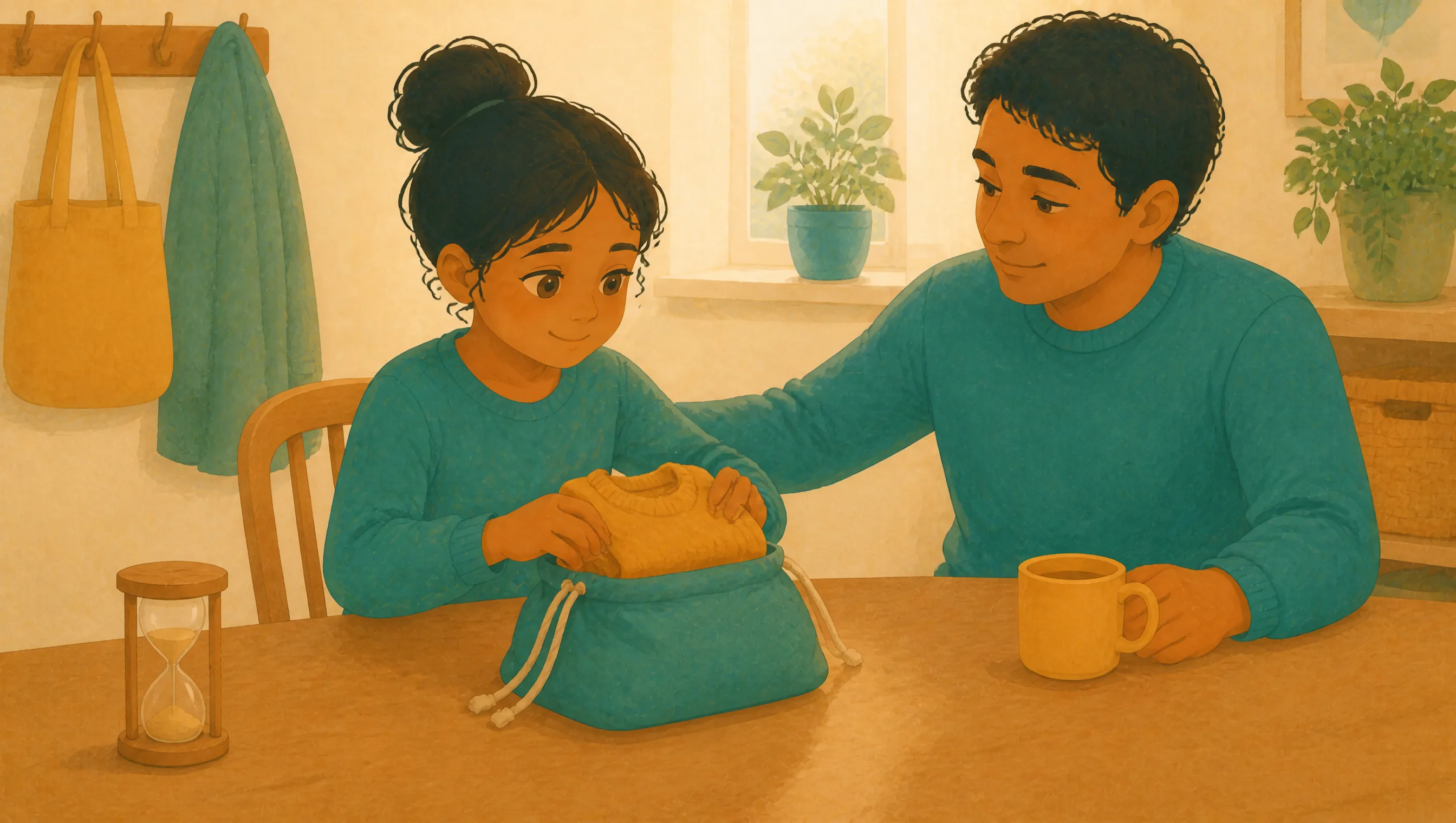 A girl and a man sitting at a table near a coat rail, packing a yellow jumper into a teal drawstring bag beside a wooden hourglass.