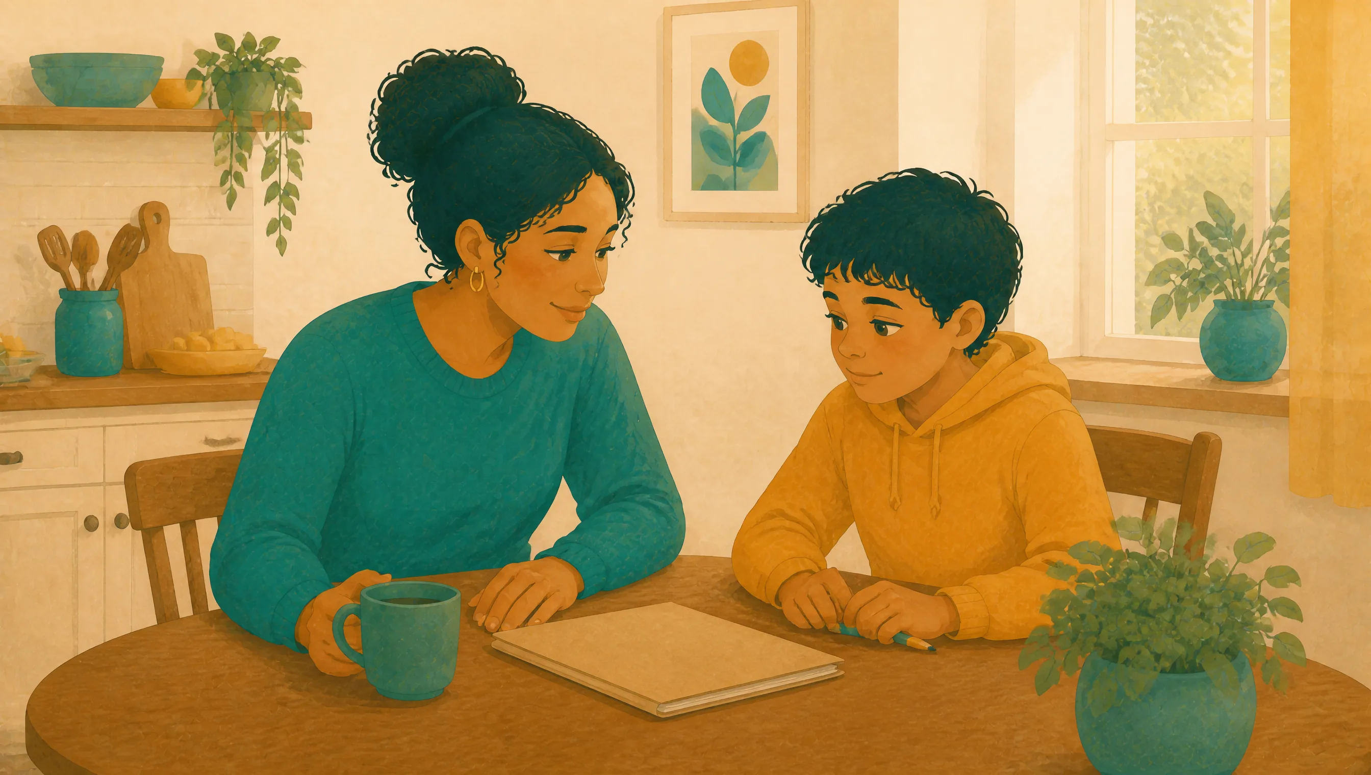 A woman and a boy sitting together at a kitchen table, an open notebook and pen between them, both looking at each other.