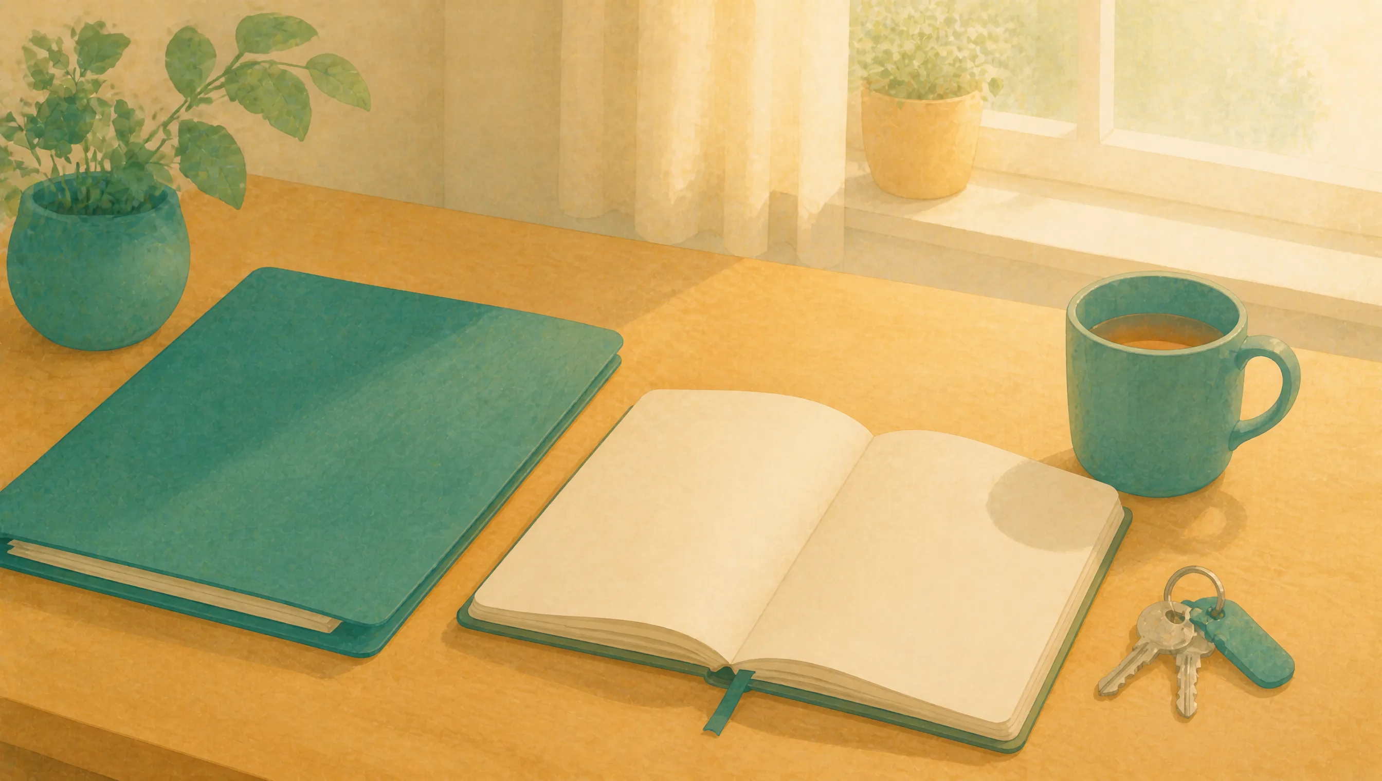 A wooden desk with a closed teal folder, an open notebook with blank pages, a mug of tea, a set of keys and a potted plant near a sunlit window.
