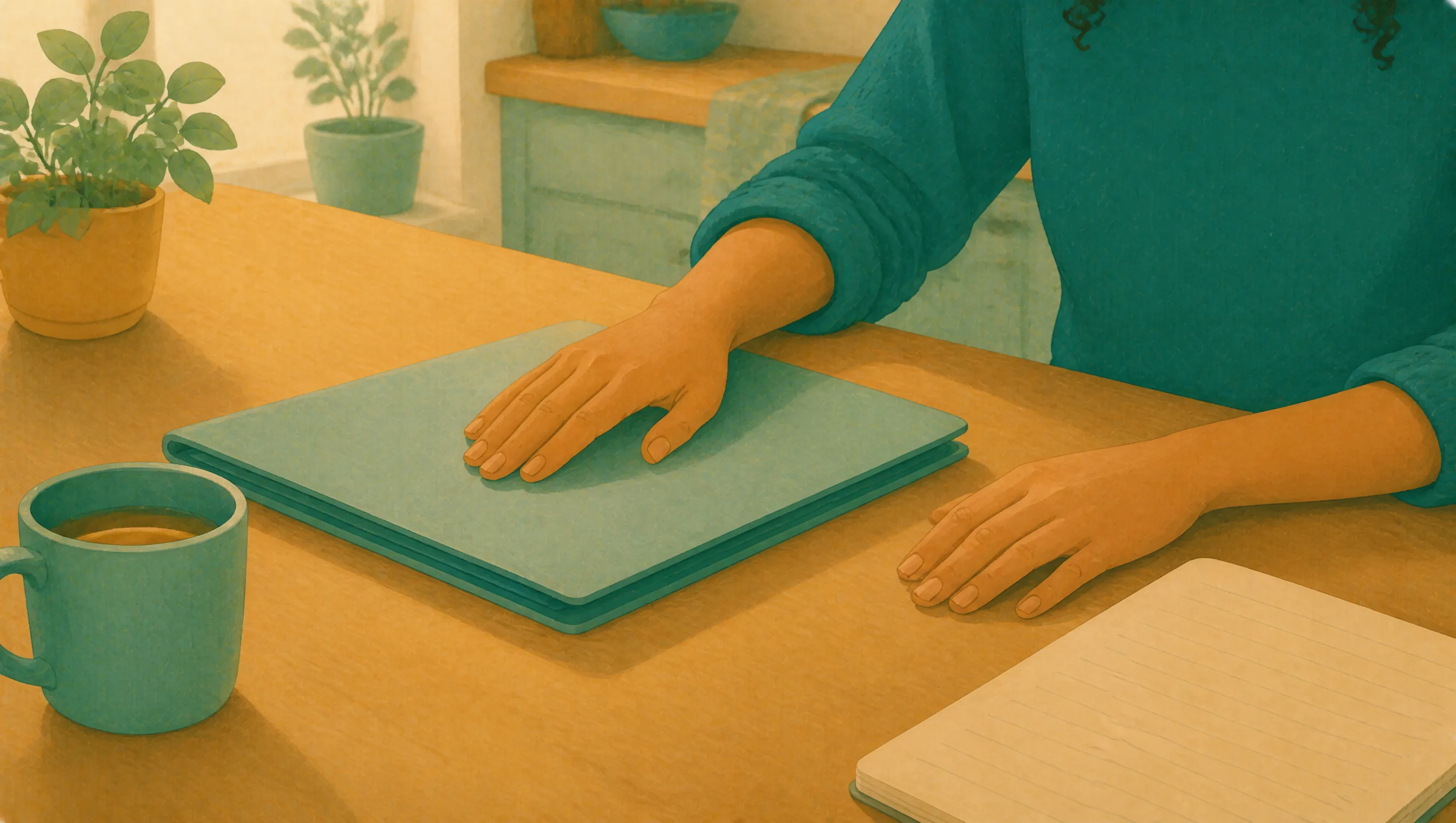 Two people's hands rest on a kitchen table beside a closed folder, an open notebook and a mug.