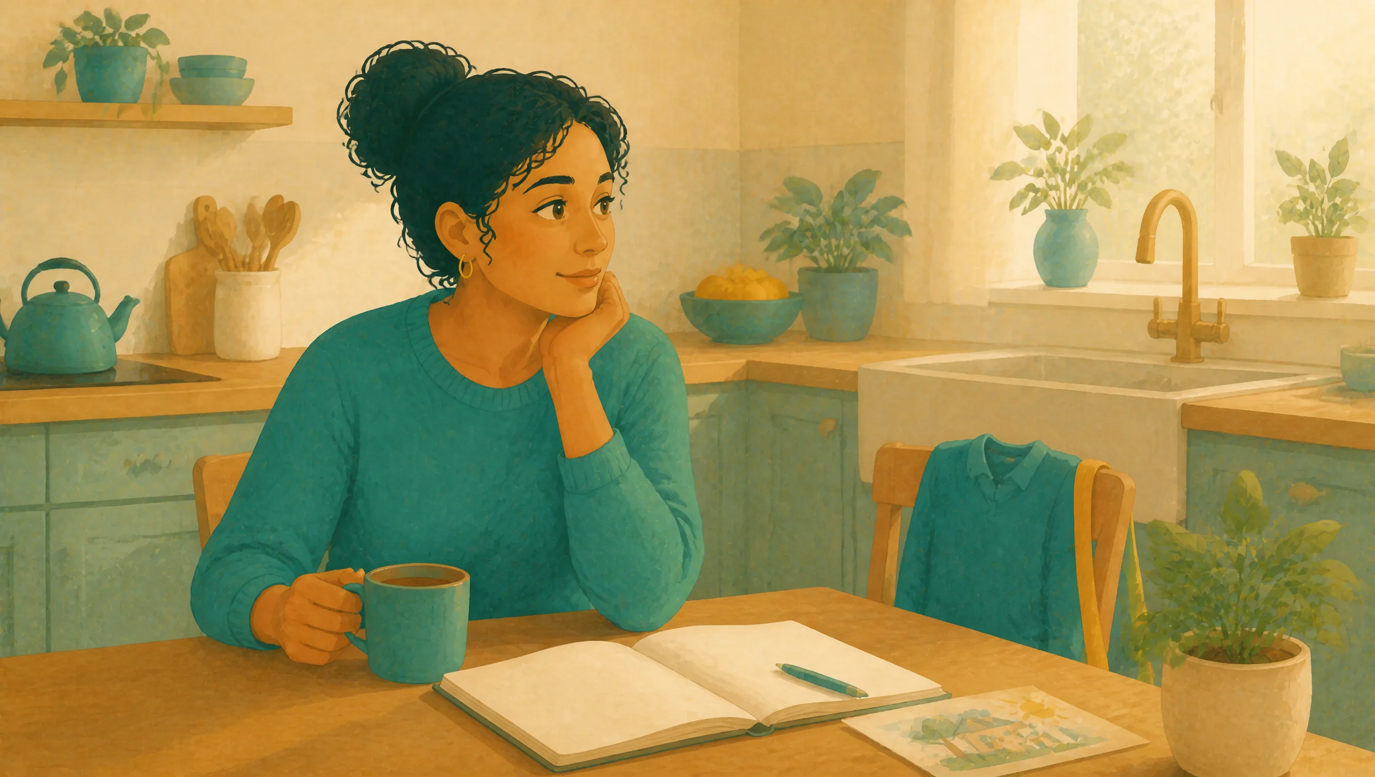 A woman rests her chin on her hand at a kitchen table, holding a mug beside an open blank notebook and pen, lemons in a bowl behind.