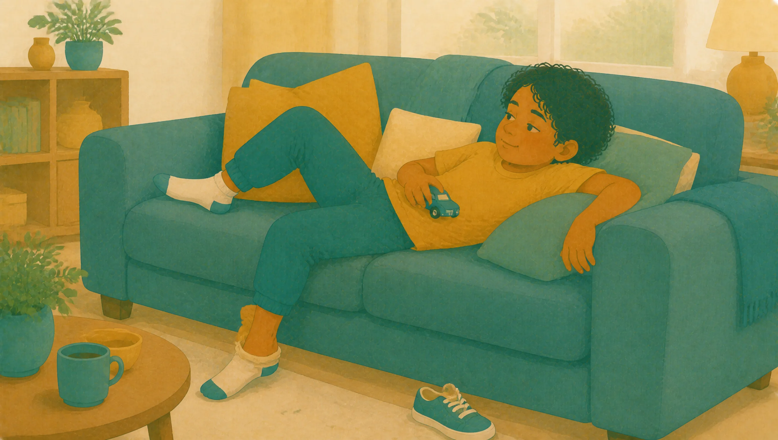 A boy lies back on a sofa at home with one shoe kicked off, turning a toy car over in his hands.