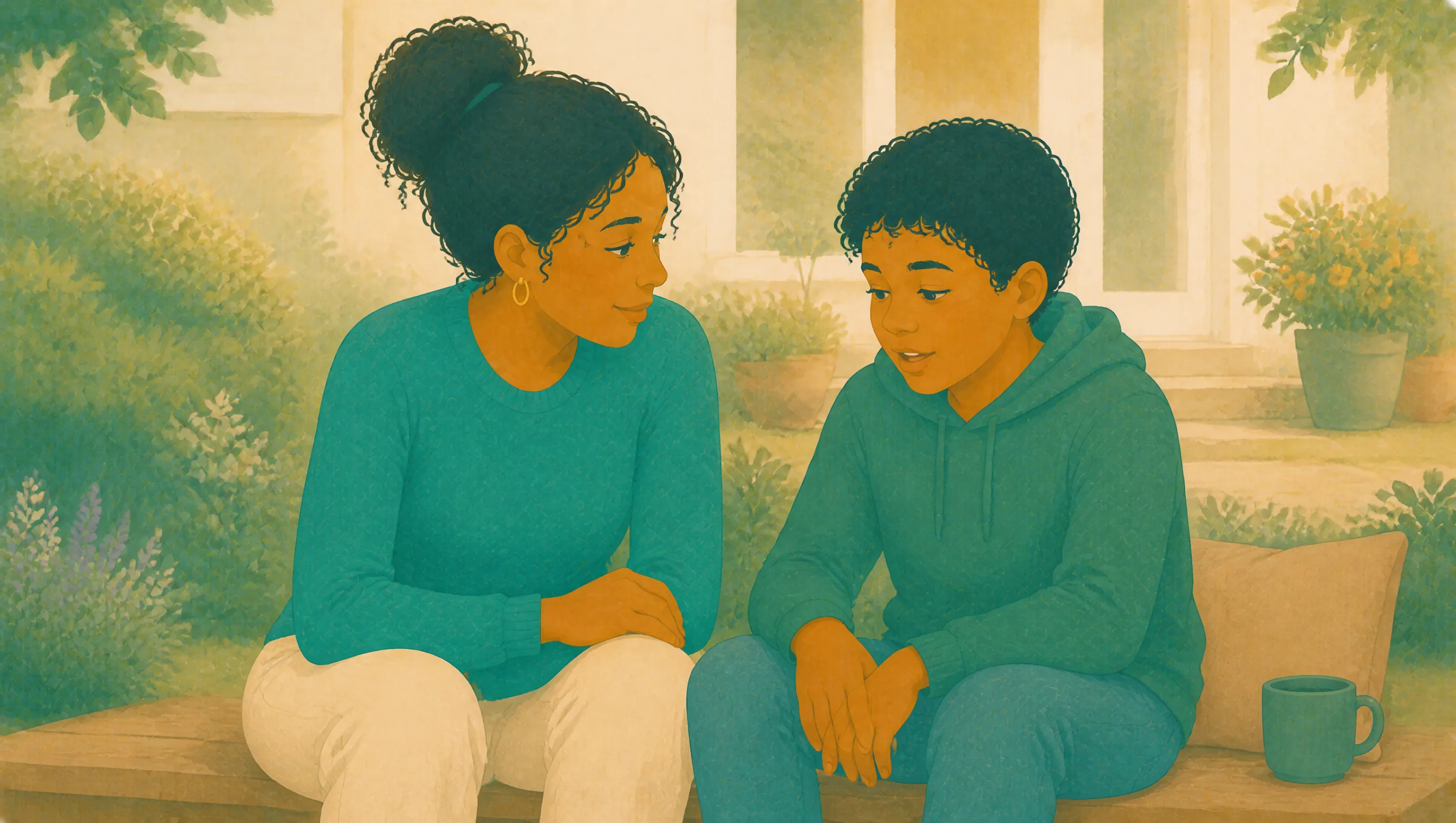 A mother and her son sit together on a bench outside their home, talking quietly with a mug beside them.