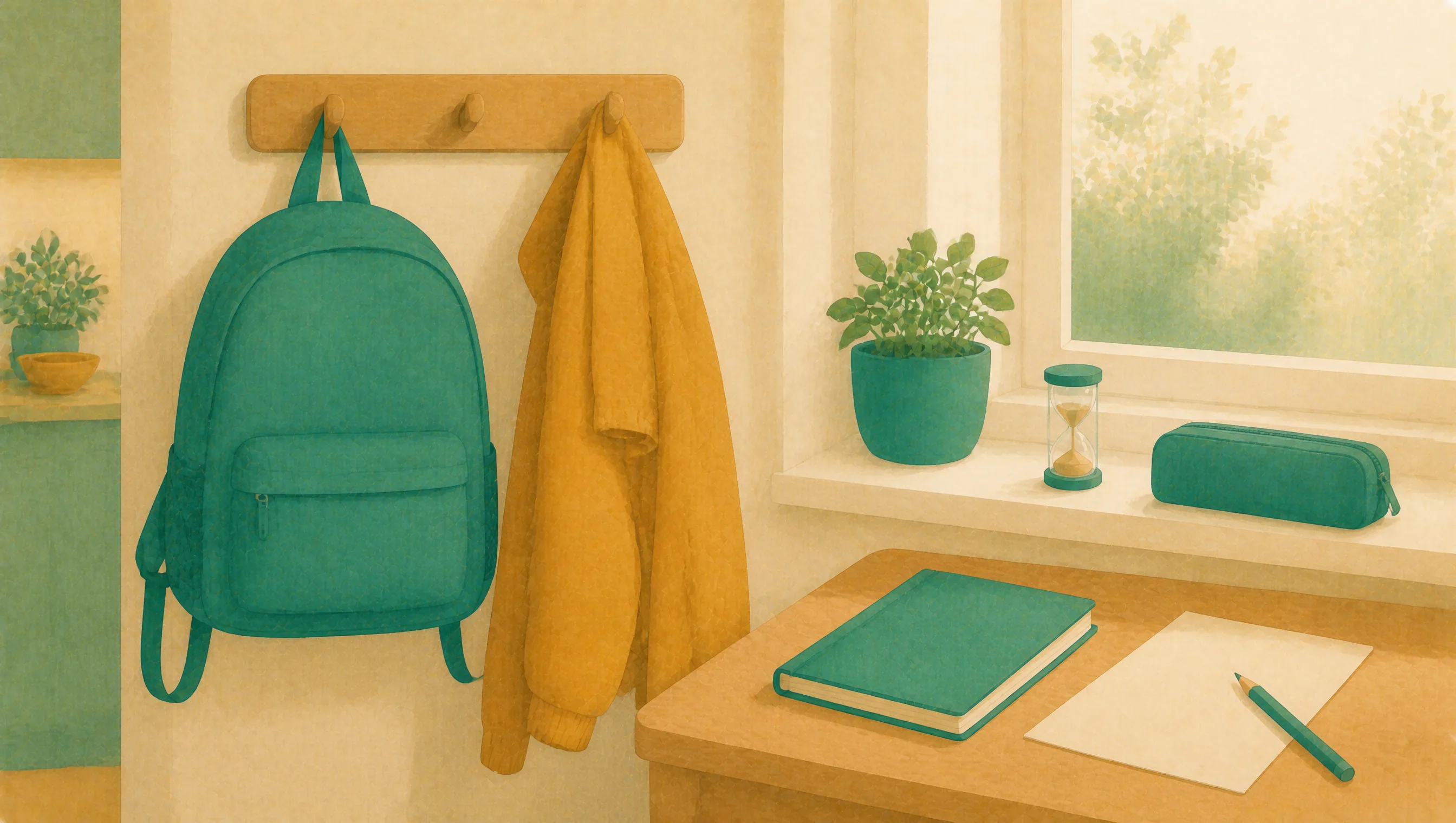 A school bag and jumper hang from hooks by the front door, with a sand timer, a pencil case and a notebook set out on a desk nearby.
