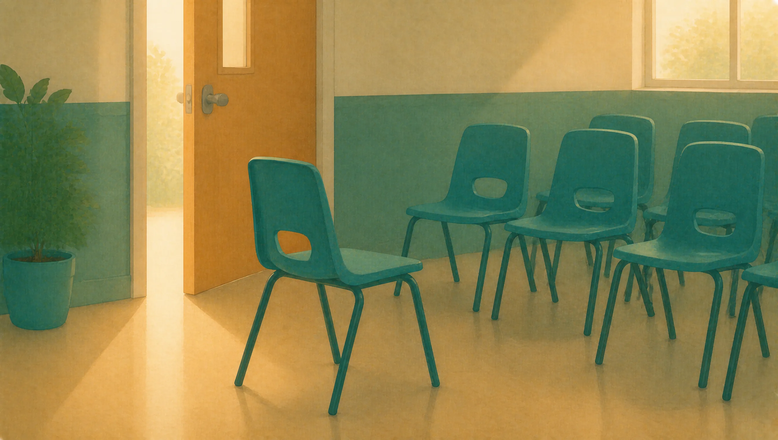 Empty chairs stand in a school hall with one pulled slightly apart from the rest near an open door, the kind of large bare room where noise and movement build quickly.