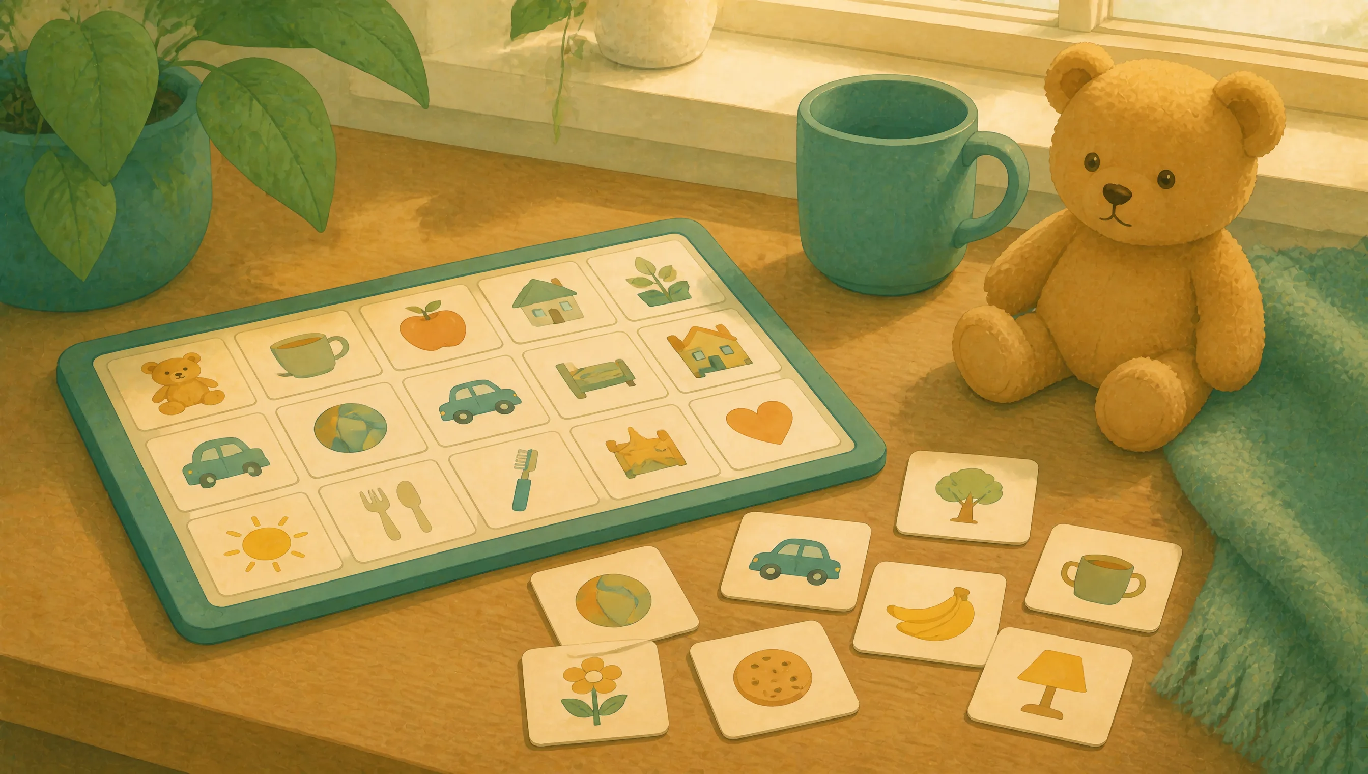 A grid board of picture symbols, including a teddy bear, house, car and heart, sits beside matching loose cards, a mug and a stuffed bear.