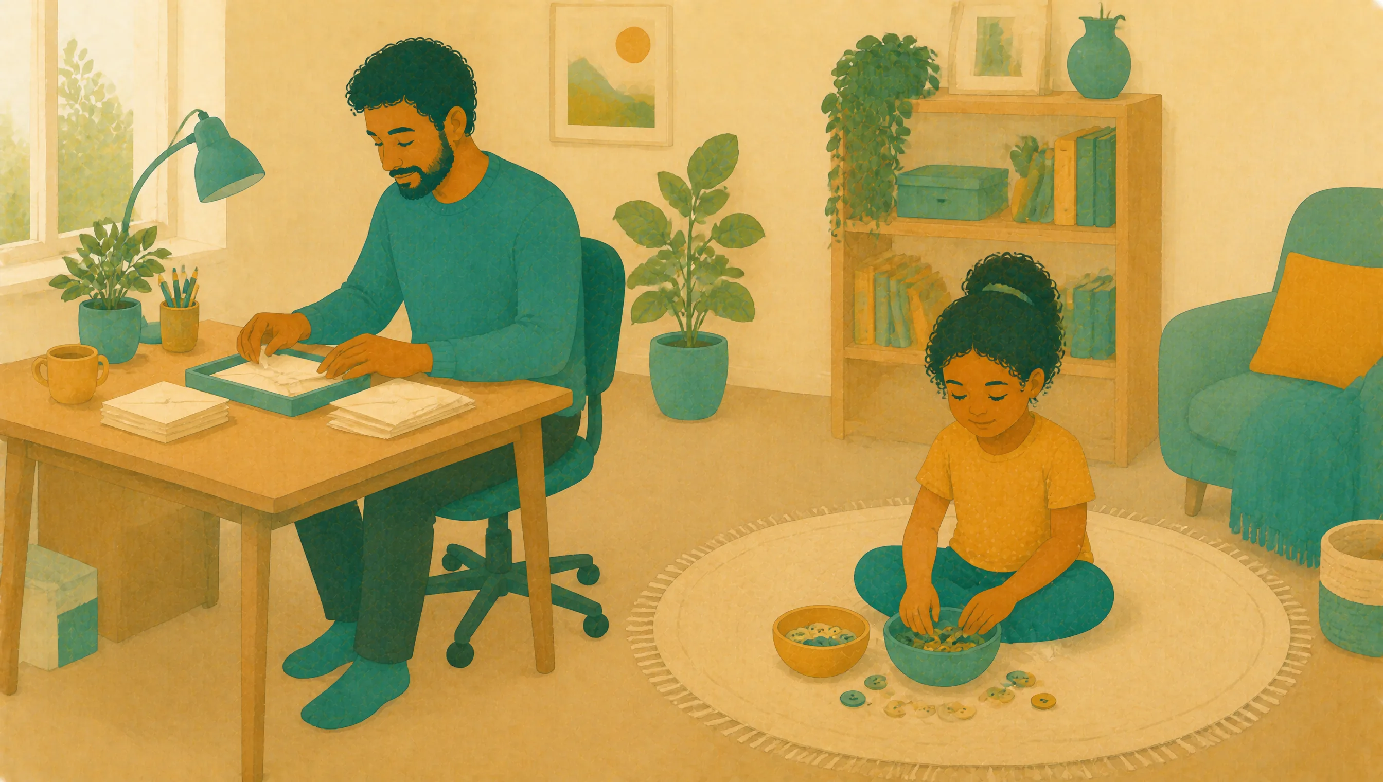 A father works quietly at a desk while his daughter sorts buttons into bowls on the rug beside him, each getting on with a separate task in the same room.