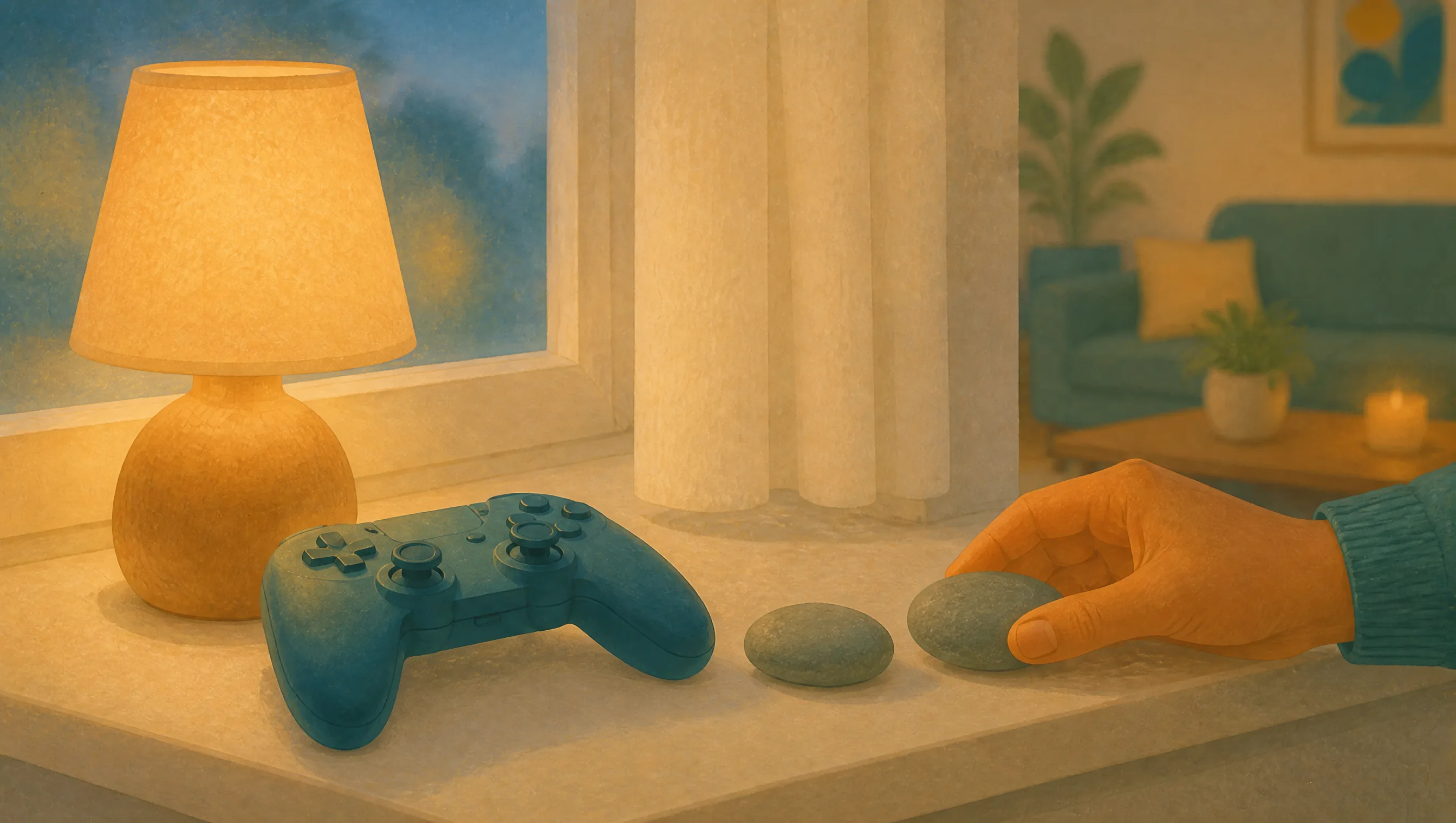 Table lamp and games controller on a windowsill beside two smooth stones, an adult hand placing one stone next to the other in a dim room.