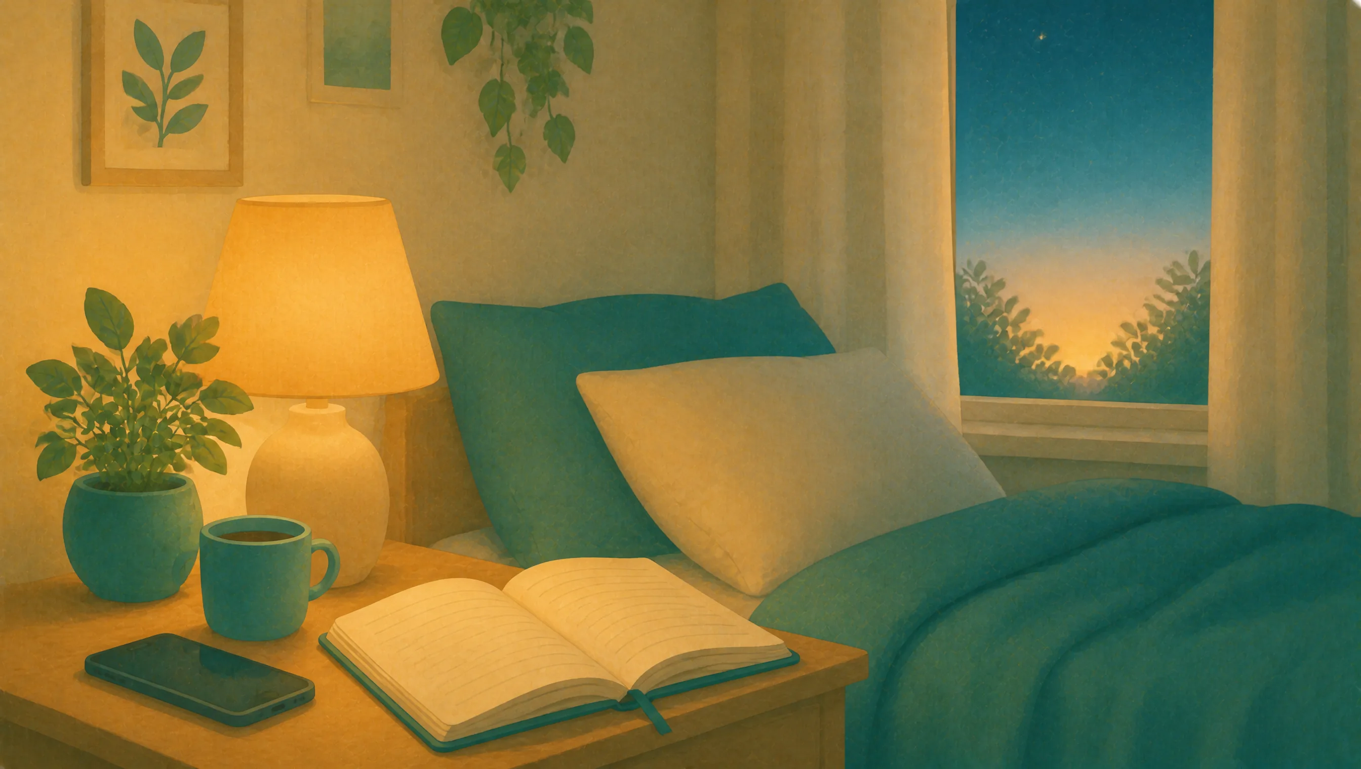 A bedside table with a face-down phone, a mug and an open notebook beside a made bed, the window showing a late evening sky.