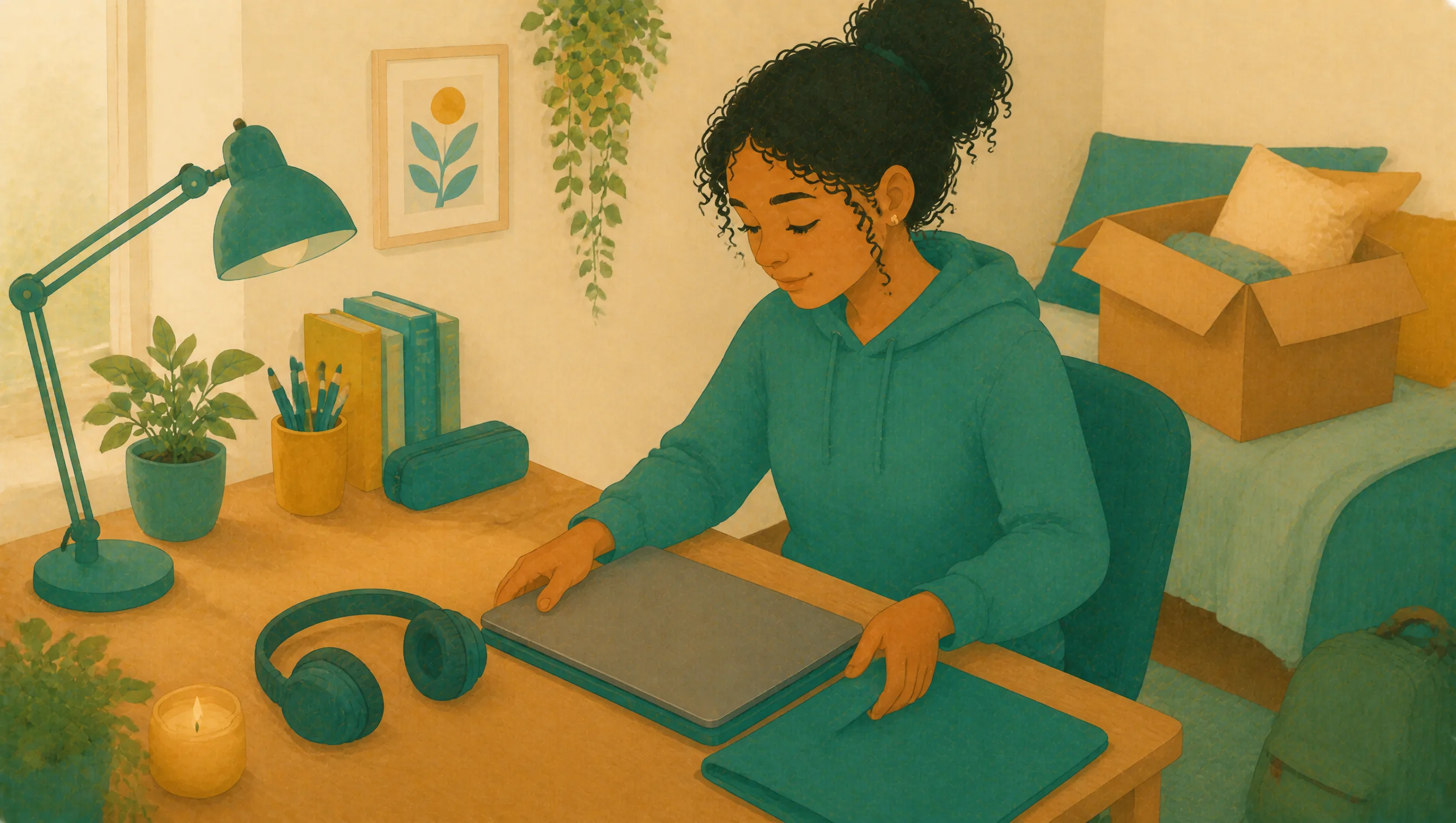 A young woman sits at a desk in a student bedroom closing a laptop beside a pair of headphones, with a packing box and rucksack nearby.