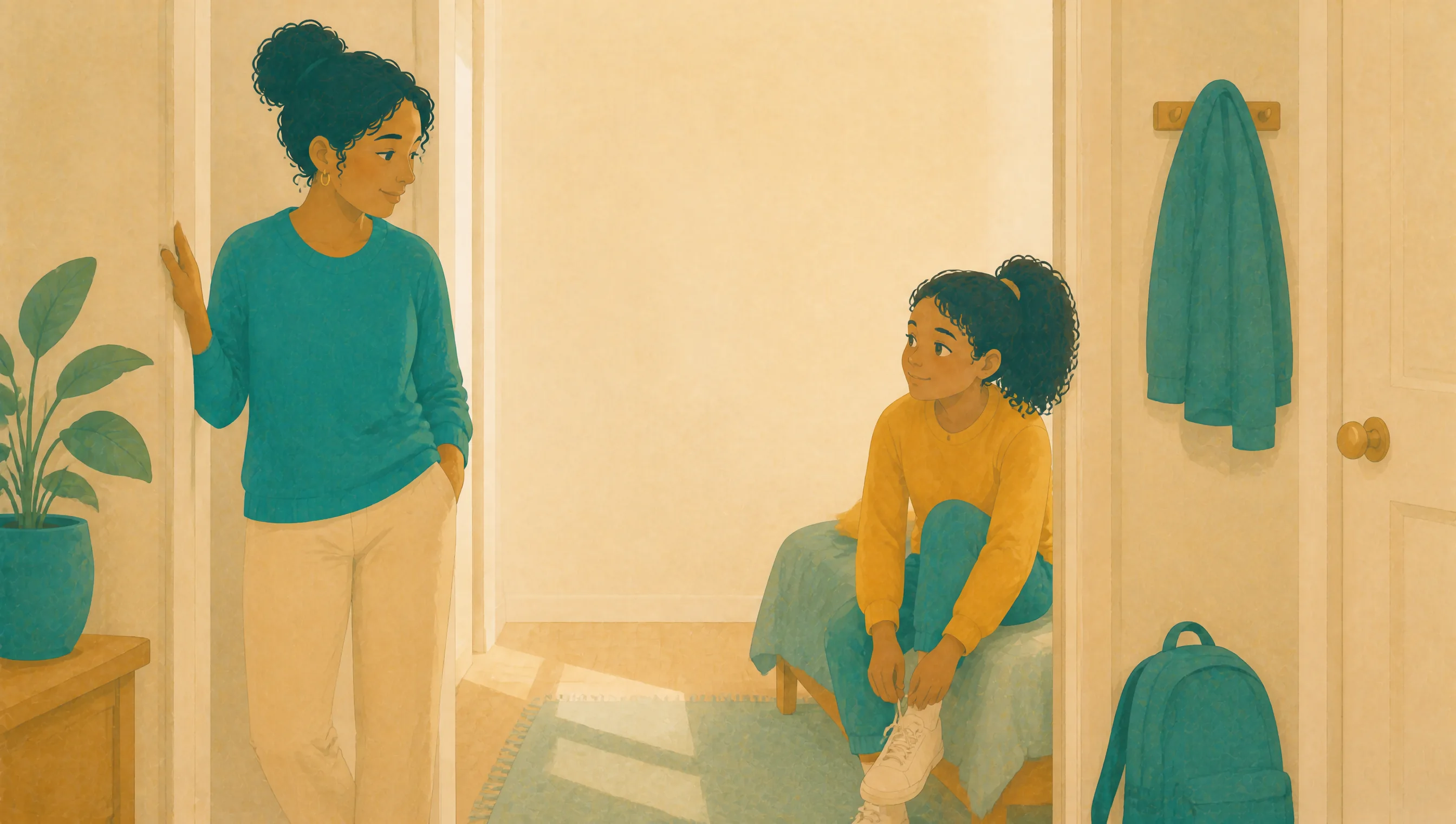 A woman standing in a doorway watching a girl tie her shoelaces while sitting on a bed, with a jacket and backpack hanging on hooks nearby.