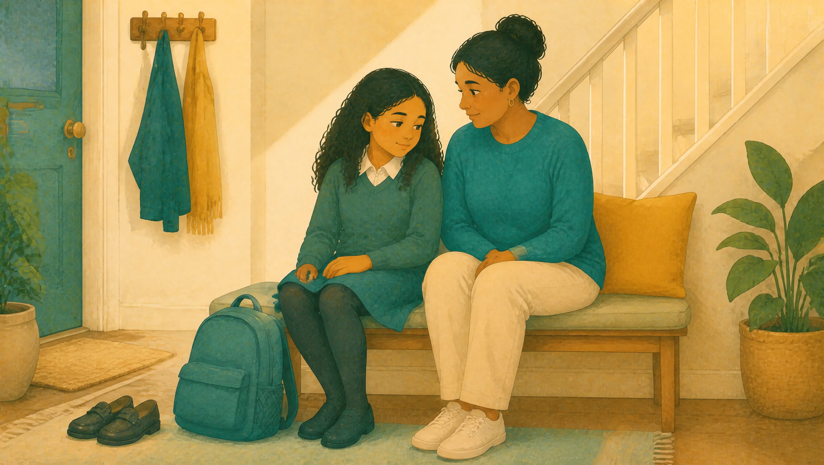 A girl in school uniform sits beside a woman on a hallway bench, with a backpack and shoes on the floor and coats hanging behind them.