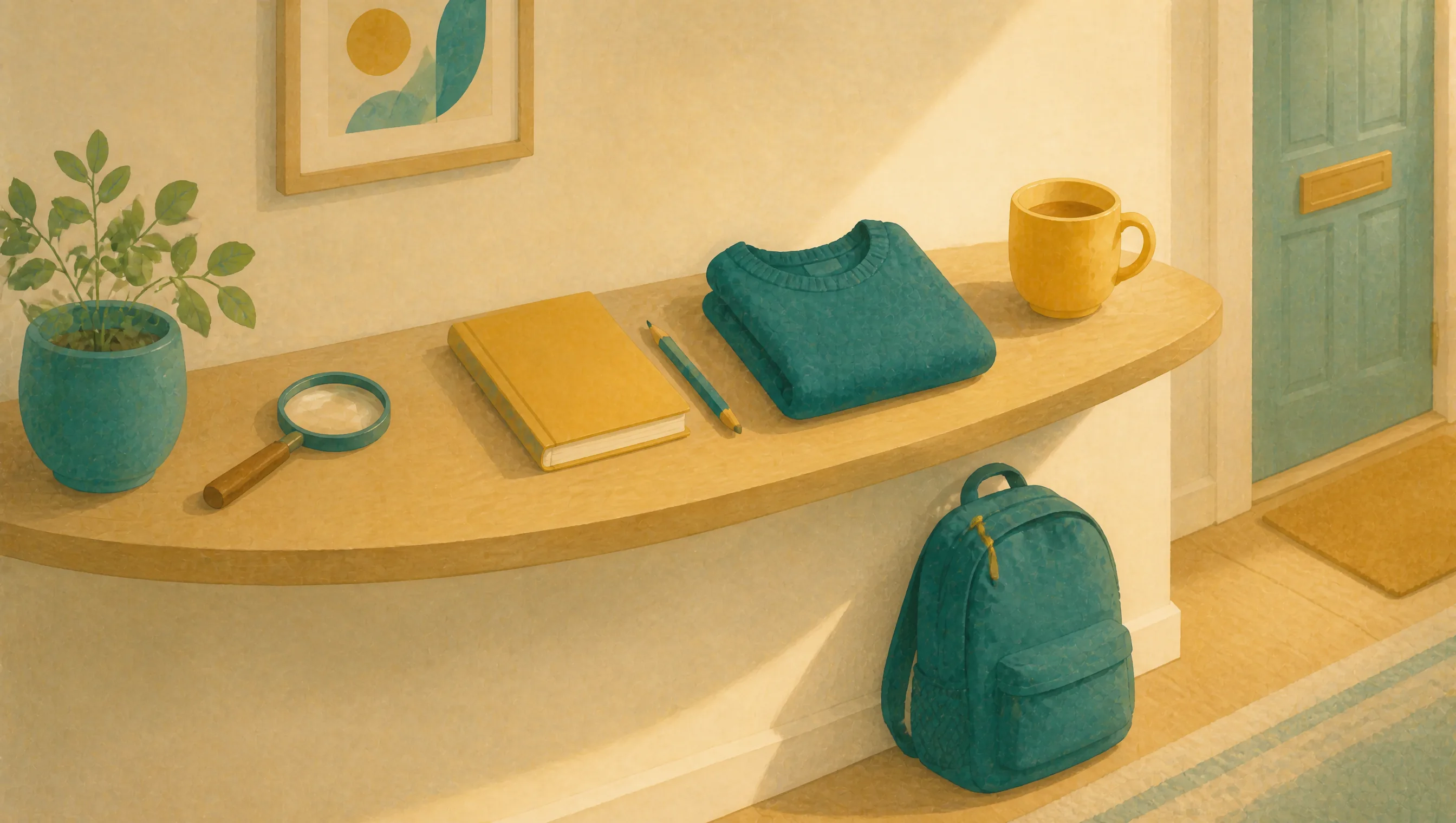 A wooden console table holding a magnifying glass, a closed book, a pencil, a folded teal jumper and a mug, with a rucksack on the floor.