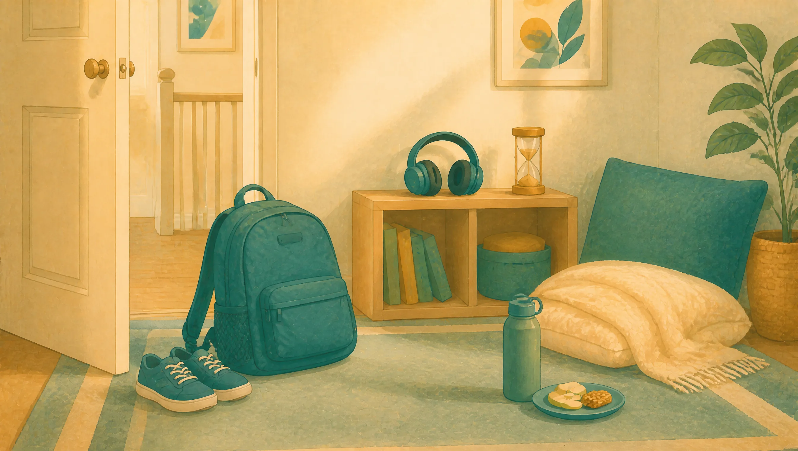 A quiet corner just inside a bedroom door, with a school bag and shoes left by the entrance and, further in, ear defenders, a sand timer, a water bottle and a snack set beside cushions and a folded blanket.