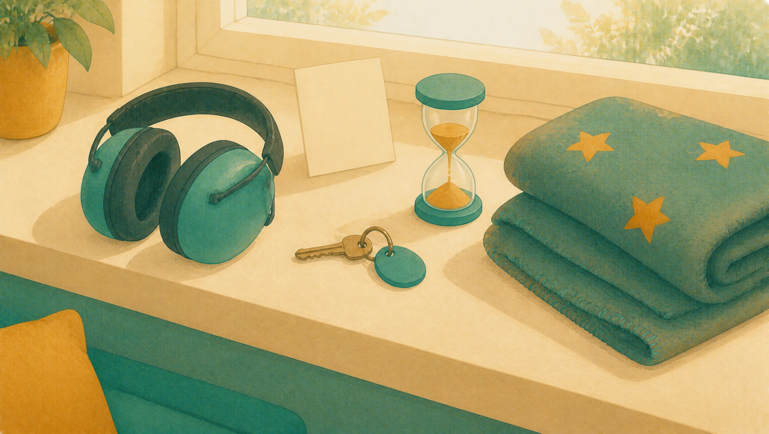 A windowsill holding ear defenders, a folded blanket, a key, a blank card and a sand timer, grouped loosely rather than in any order.