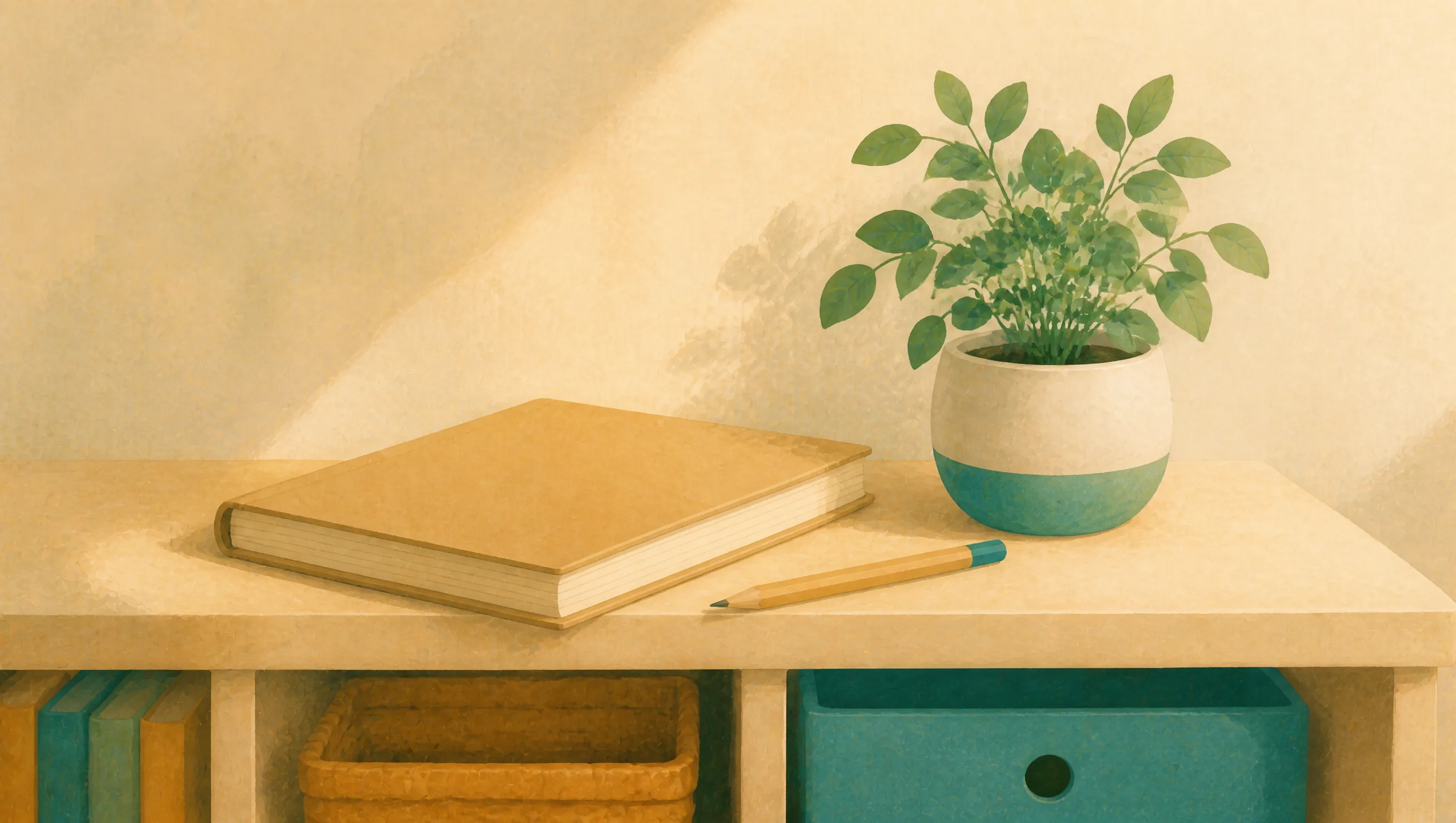 A closed hardback book and pencil resting on a wooden shelf beside a potted plant, above cubby storage holding baskets, a teal bin and books.
