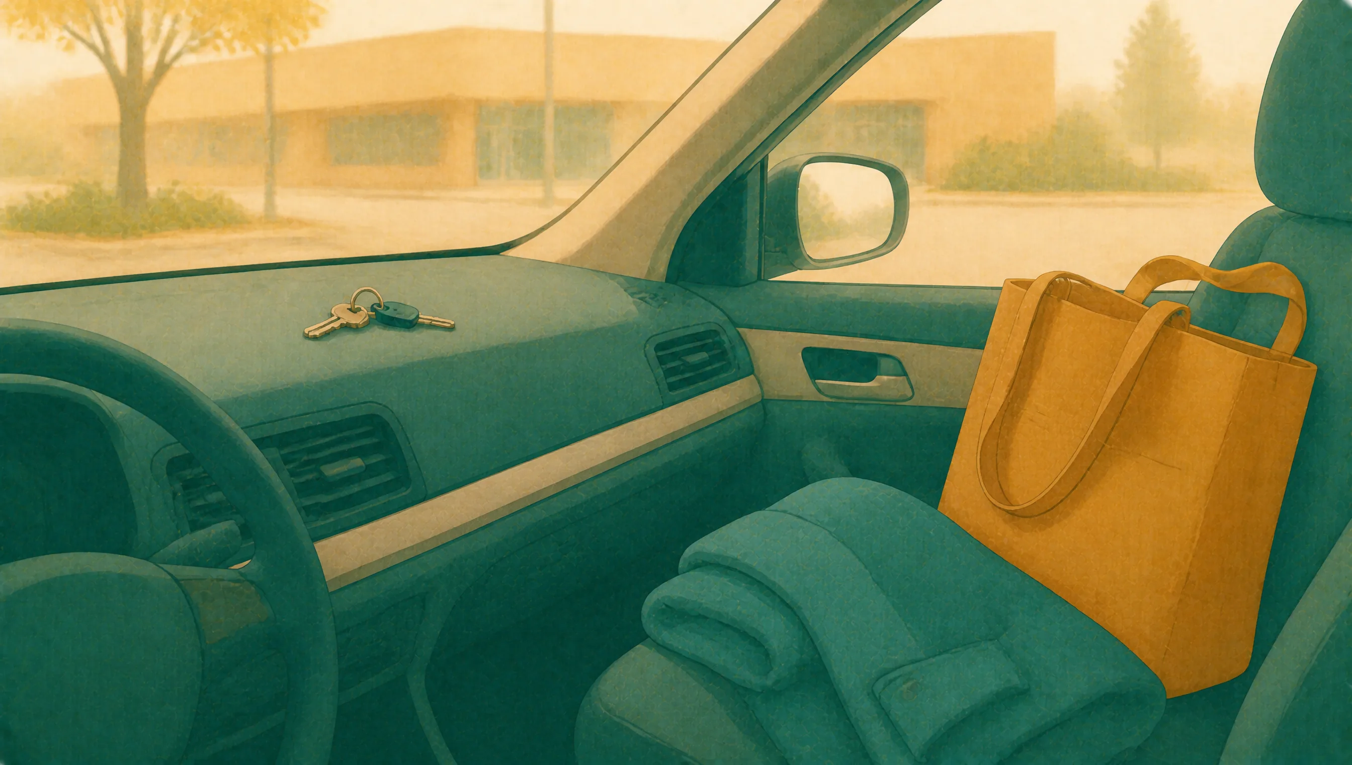Car keys rest on the dashboard and a bag sits on the passenger seat of a parked car facing a plain building, as if someone is pausing before going in.