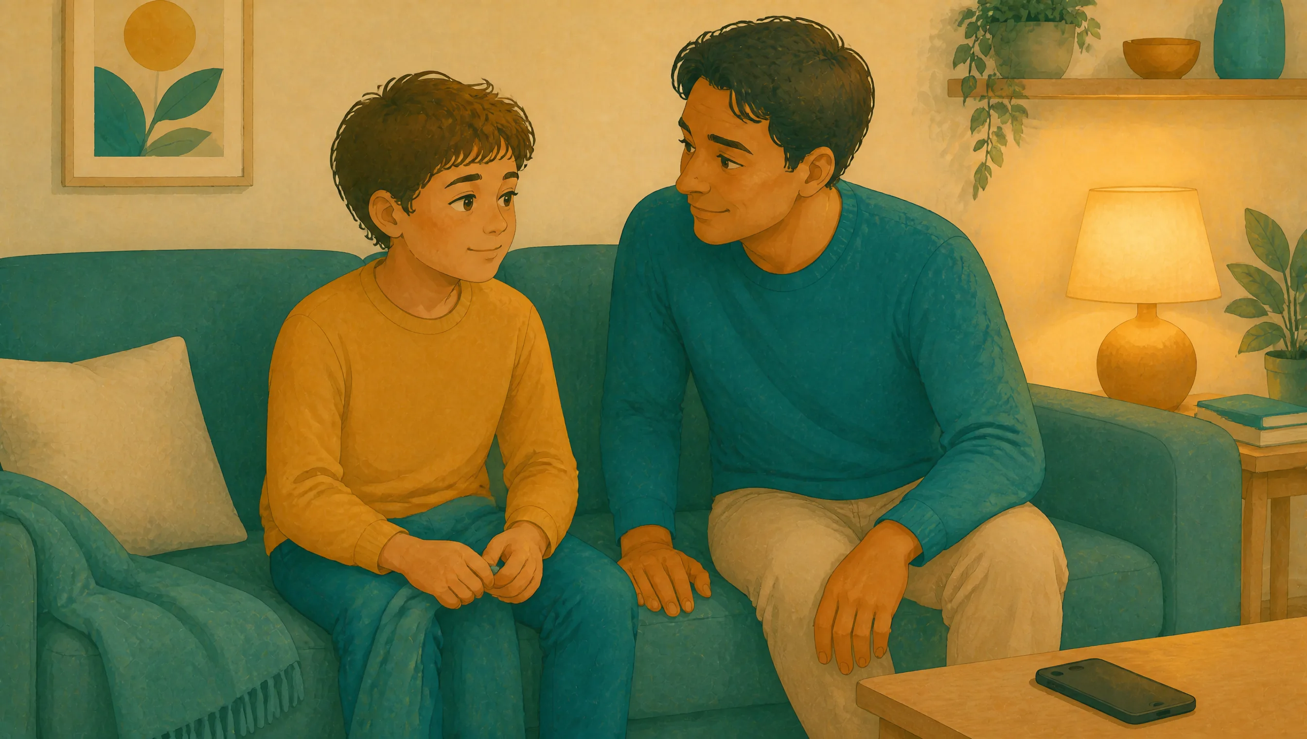 A boy and a man sit side by side on a sofa talking, the boy's hands clasped in his lap and a phone with a dark screen on the table.