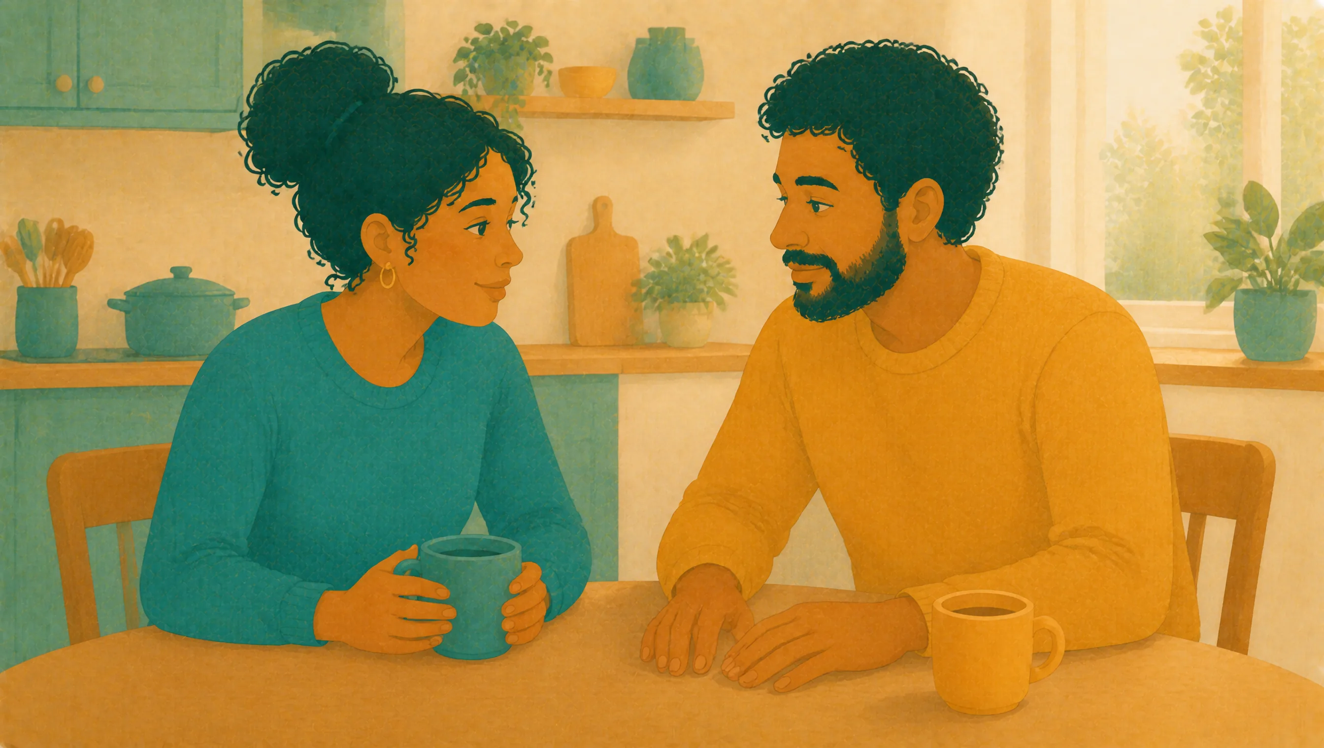 A man and a woman sit talking at a kitchen table with mugs of tea, each giving the other their full attention.