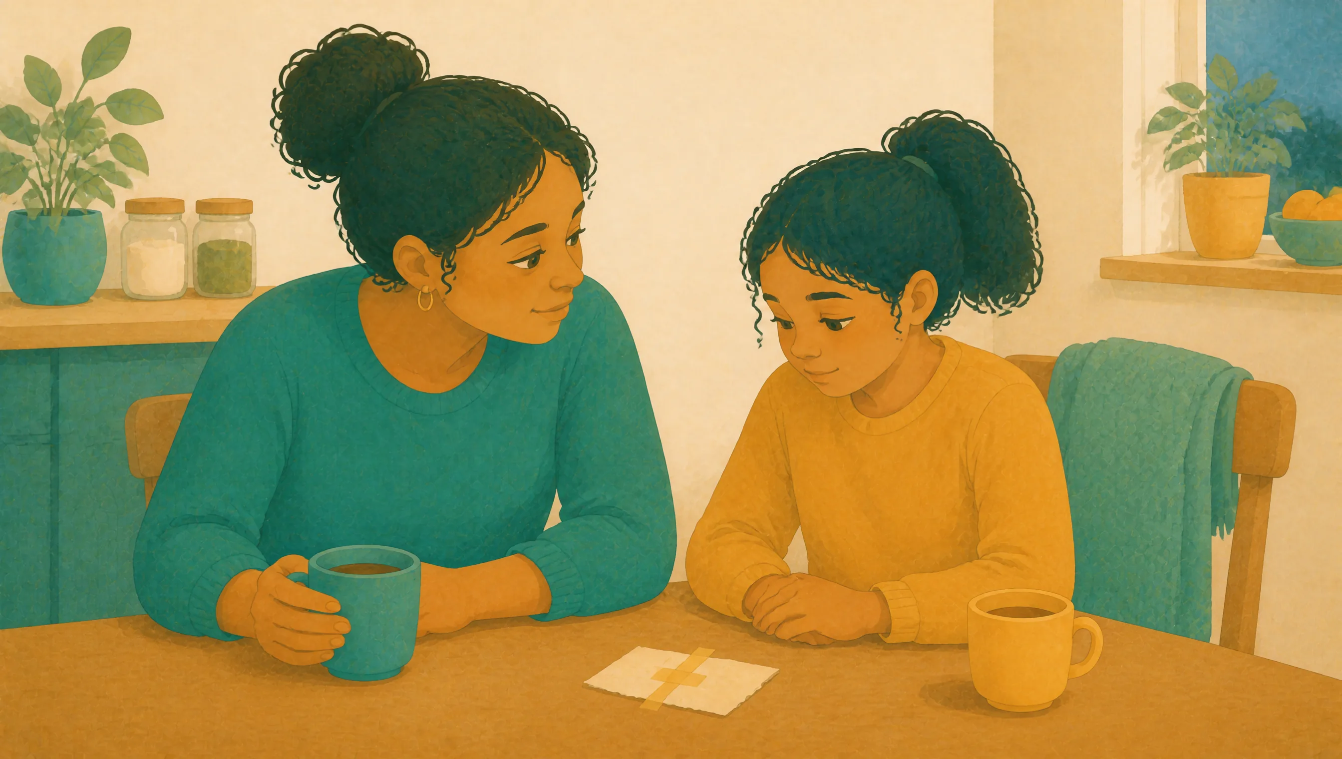 A woman and a girl seated at a kitchen table, the woman holding a mug and looking towards the girl, who studies a folded paper marked with a taped cross.