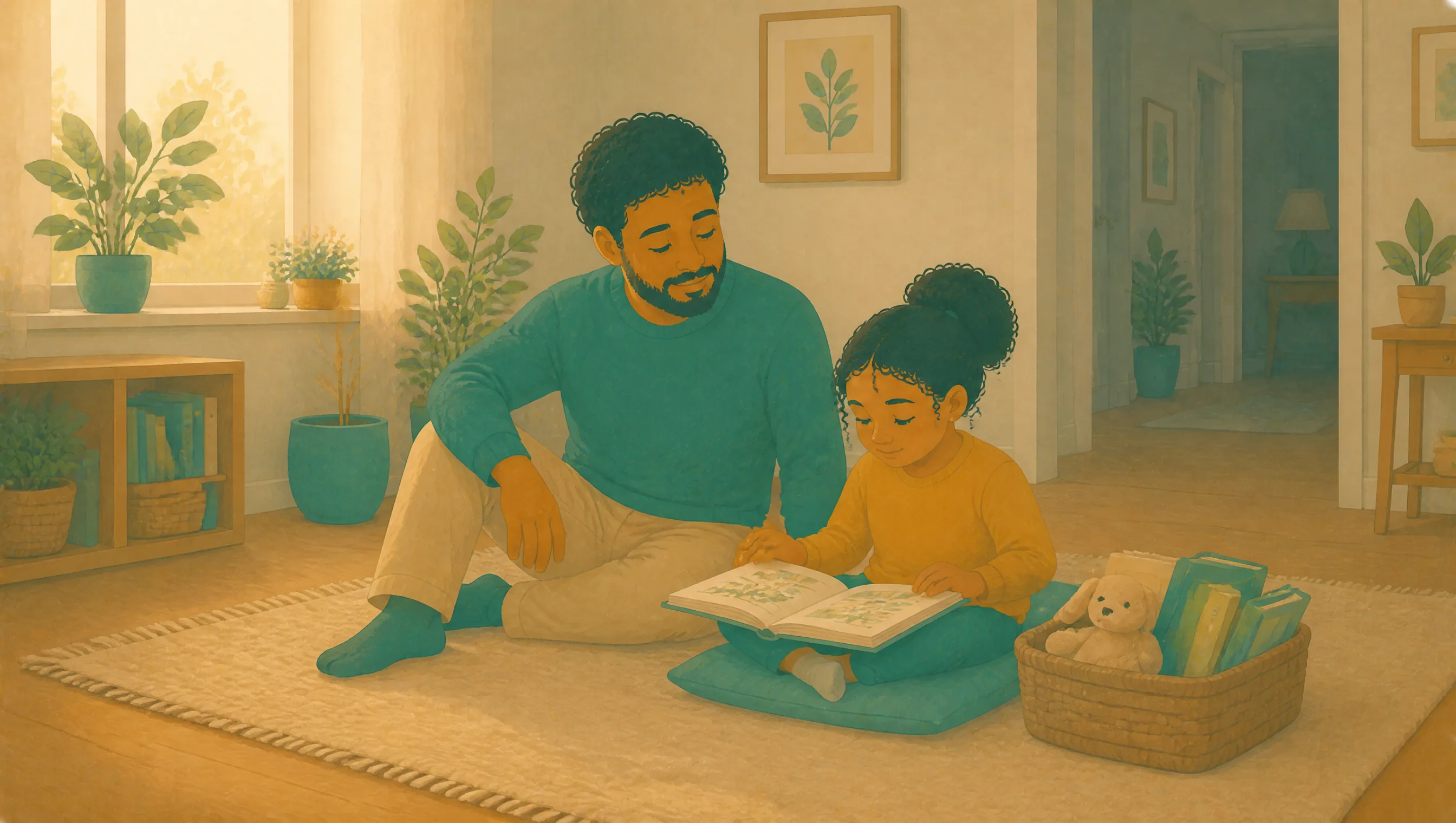 A father sits on the floor with his young daughter, looking at a picture book together in a cushioned corner of the living room.