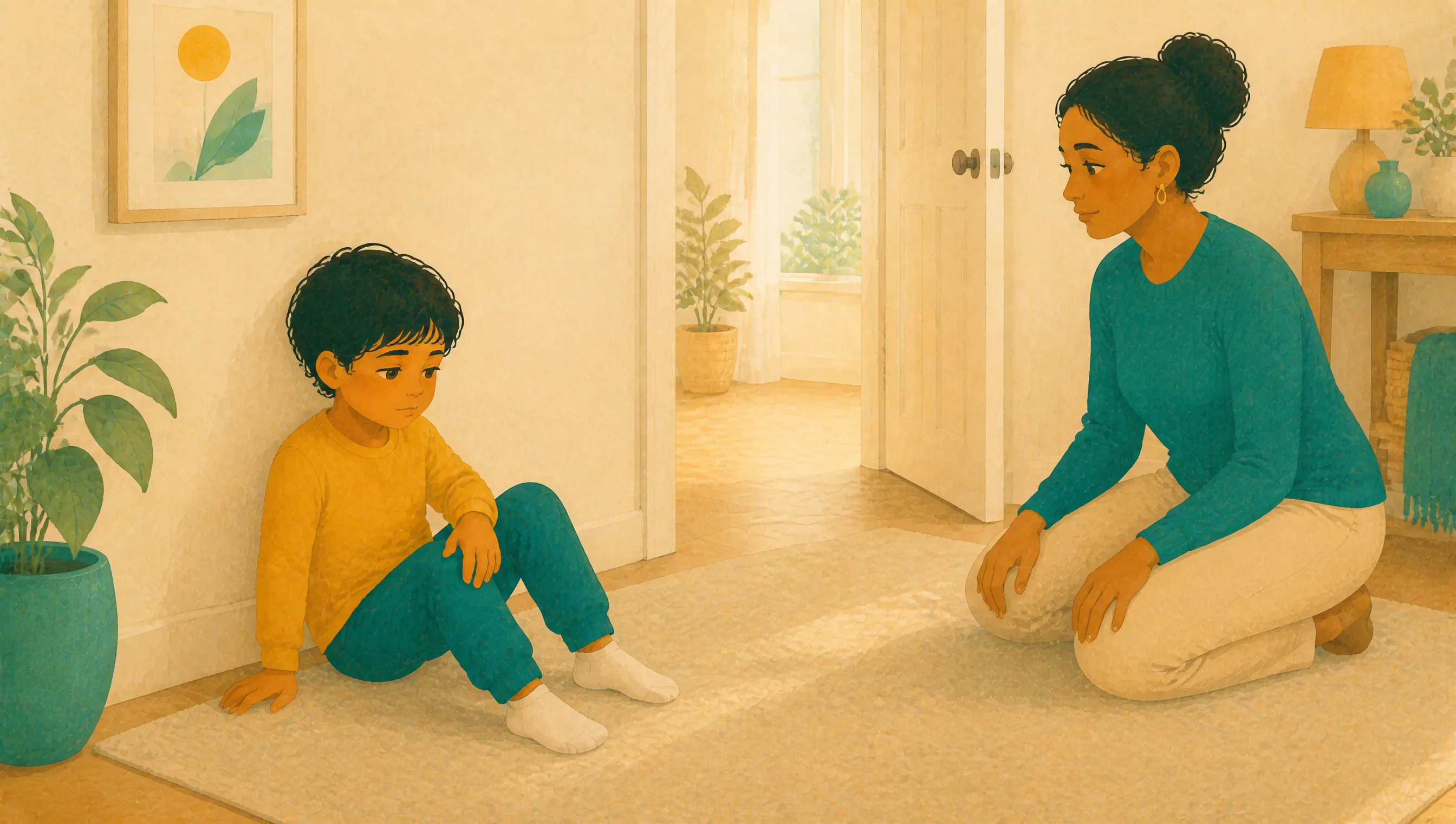 A boy sits on the floor against a wall with knees drawn up, looking towards a woman kneeling on a rug nearby in a living room.