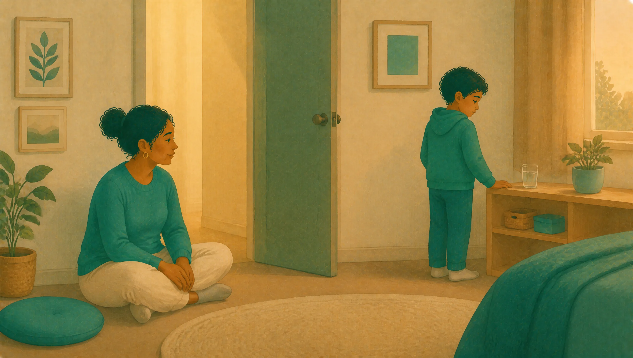 A parent sits quietly on the bedroom floor while her son stands nearby at the bedside table with a glass of water, staying close without pressing him to talk.