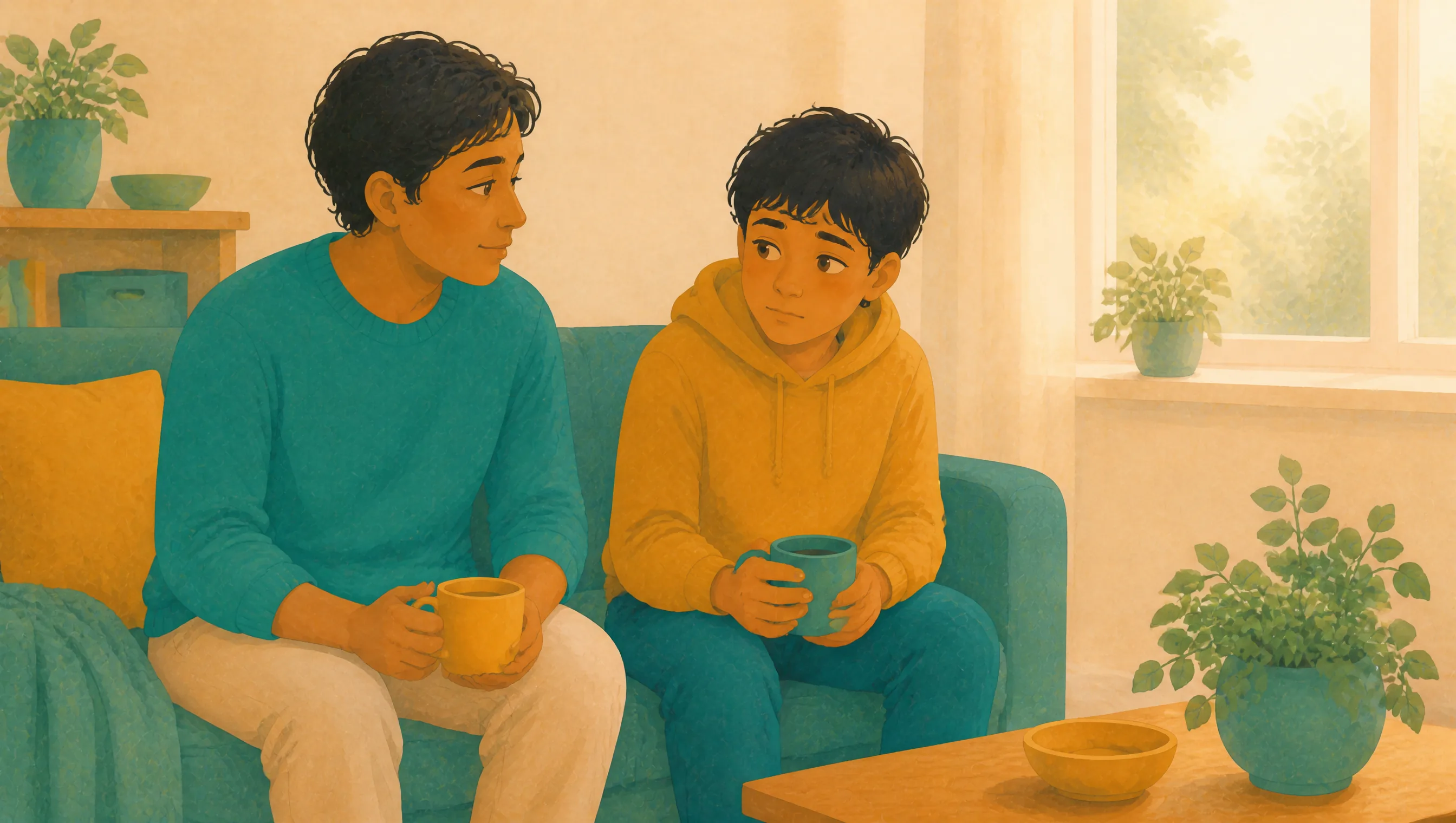 A man and a teenage boy sit together on a sofa, each holding a mug, the boy gazing into the distance while the man watches him.