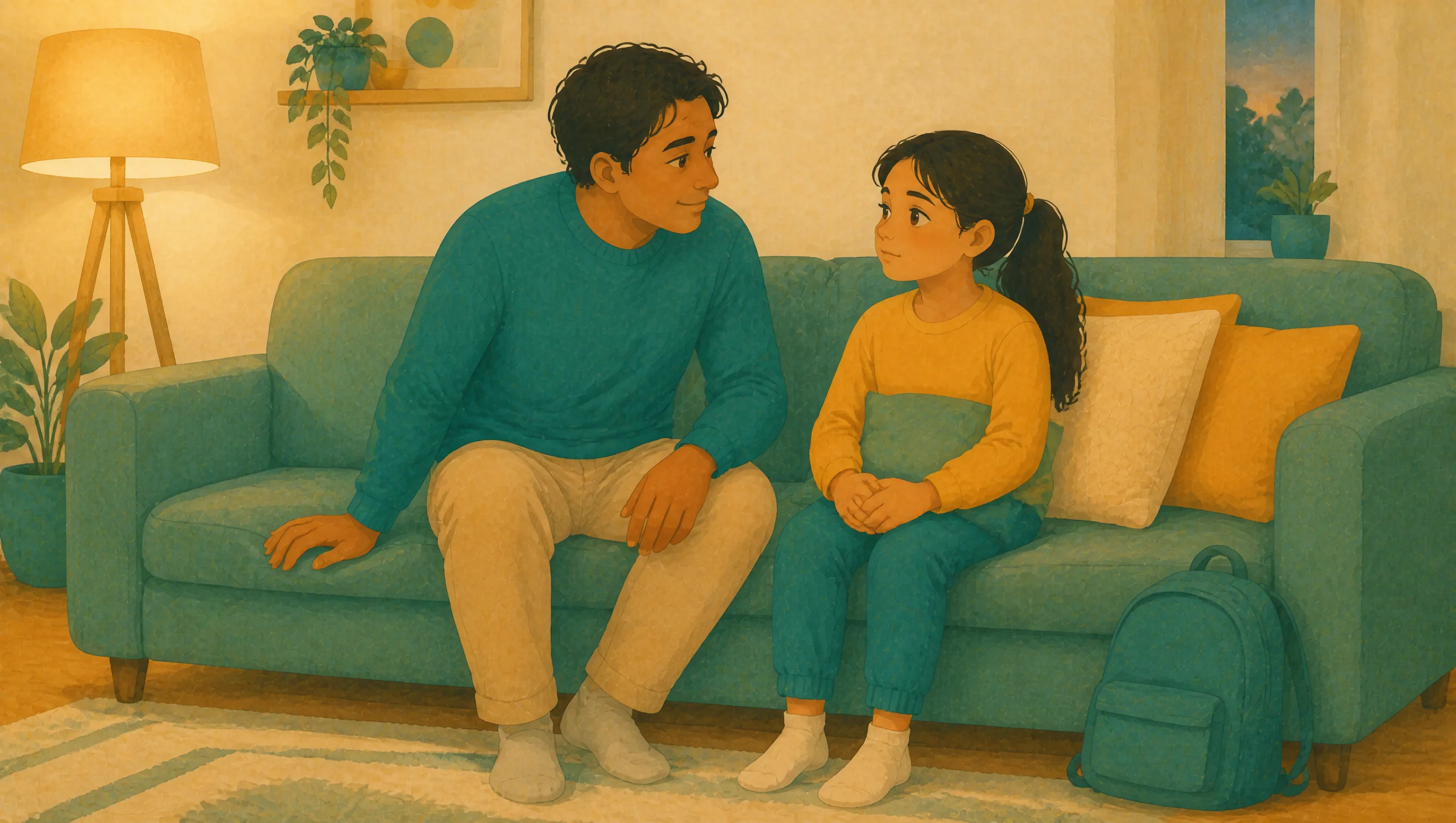 A man and a girl sitting close together on a teal sofa in a living room, facing each other, with a rucksack on the floor and a lamp glowing.