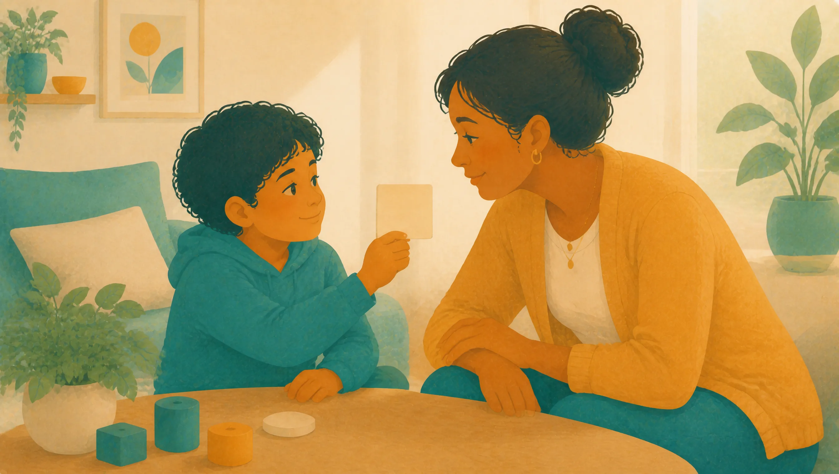 A child at a table holds up a blank card towards a seated woman, who leans forward with hands clasped, looking at the child beside wooden blocks and houseplants.