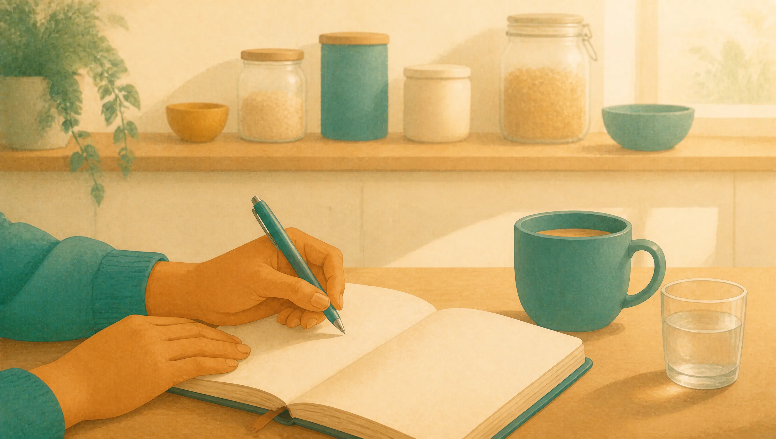 Two hands writing in an open notebook on a table, beside a mug of tea, a glass of water and jars of dried food on a shelf.