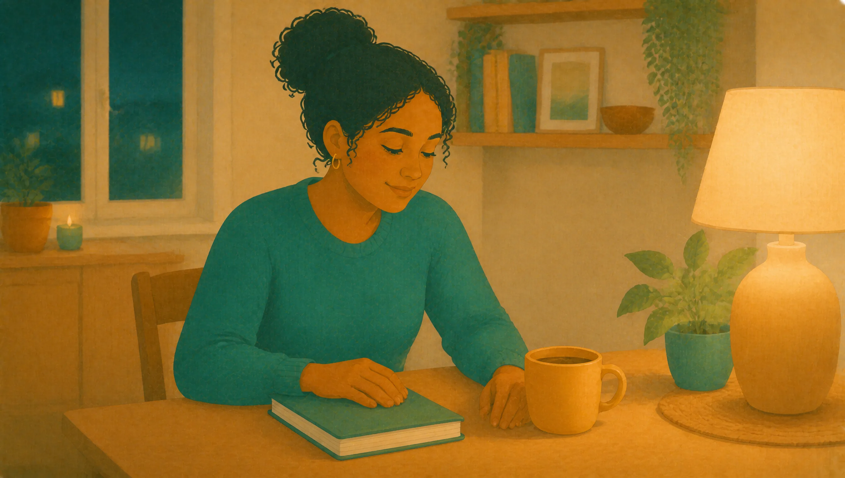 A woman sits at a table at home in the evening, one hand resting on a closed notebook beside a mug of tea.