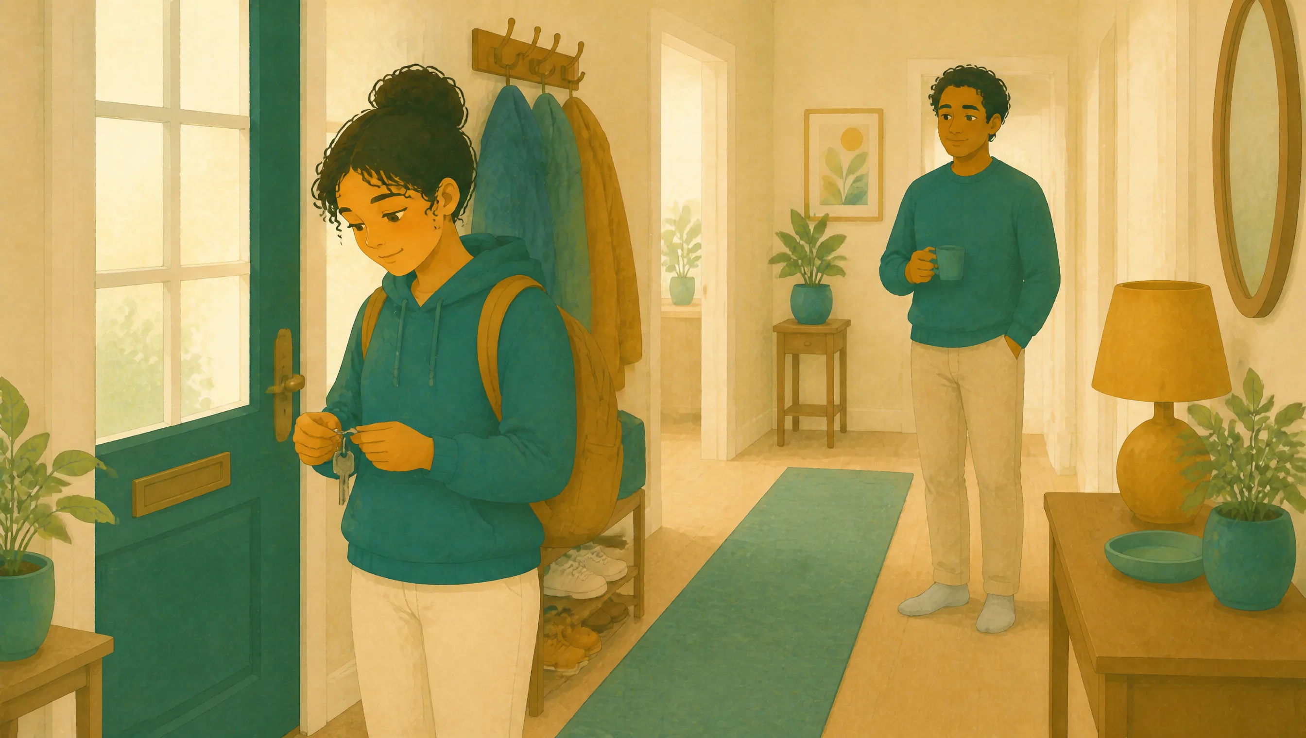 A girl with a backpack holding a bunch of keys by the front door, coats on hooks beside her, a man in the hallway behind her holding a mug.
