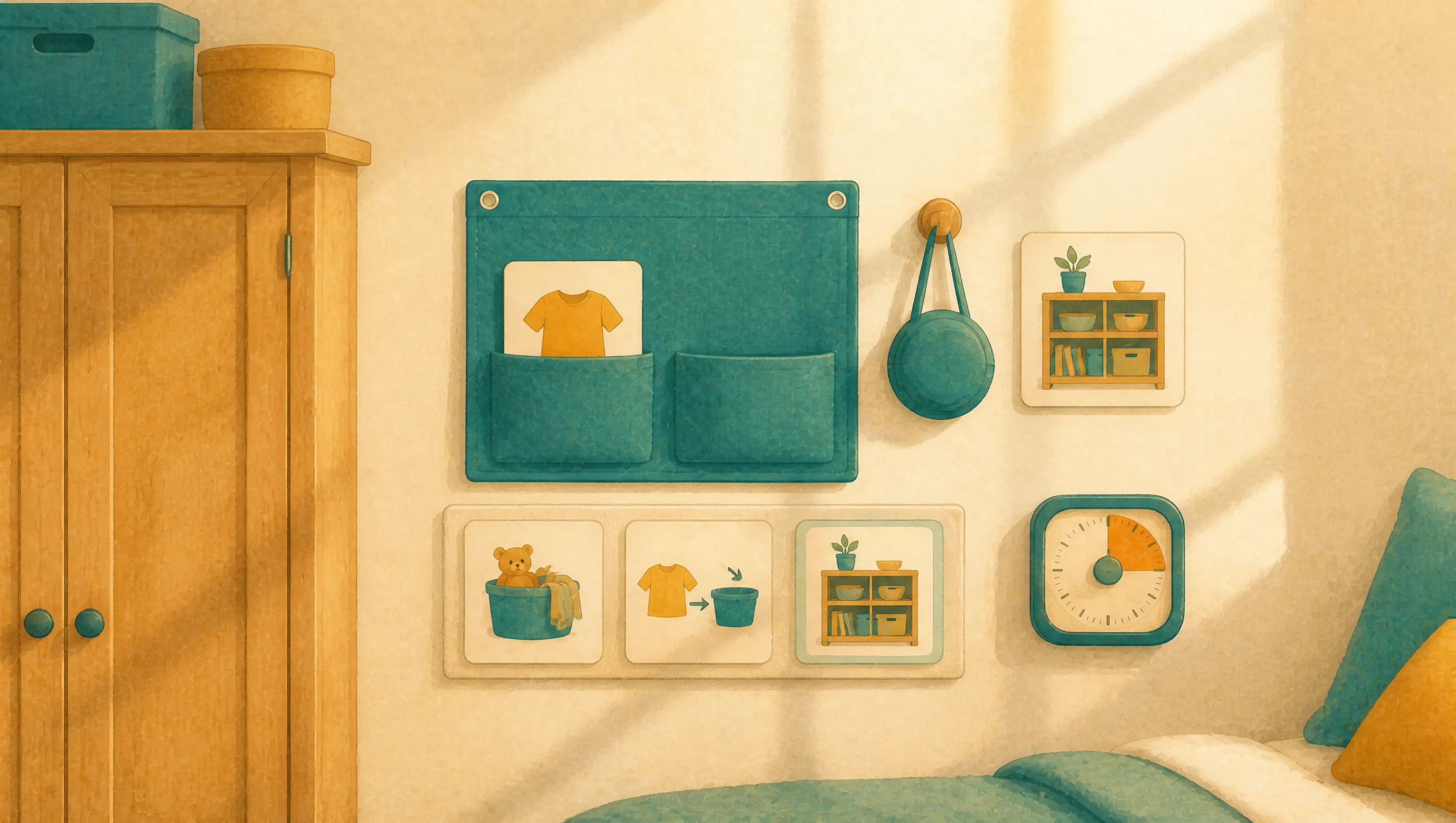 A teal fabric wall pocket chart with laminated picture cards, a hook holding a drawstring bag, a square wall timer, and a wardrobe topped with a basket.