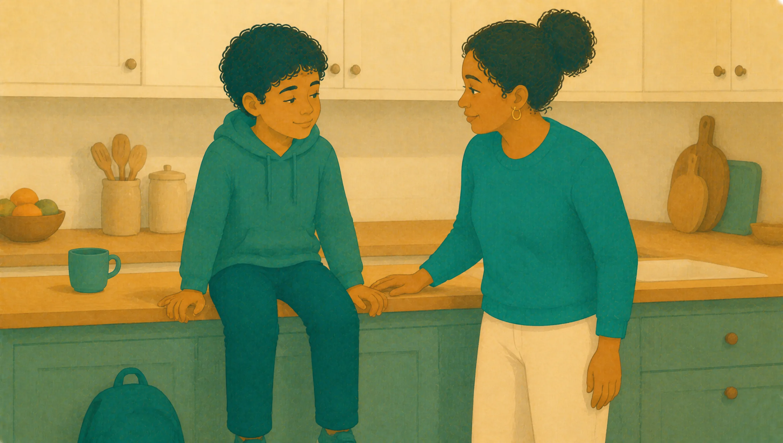 A mother stands beside her son in the kitchen as he sits up on the counter, his school bag on the floor below.
