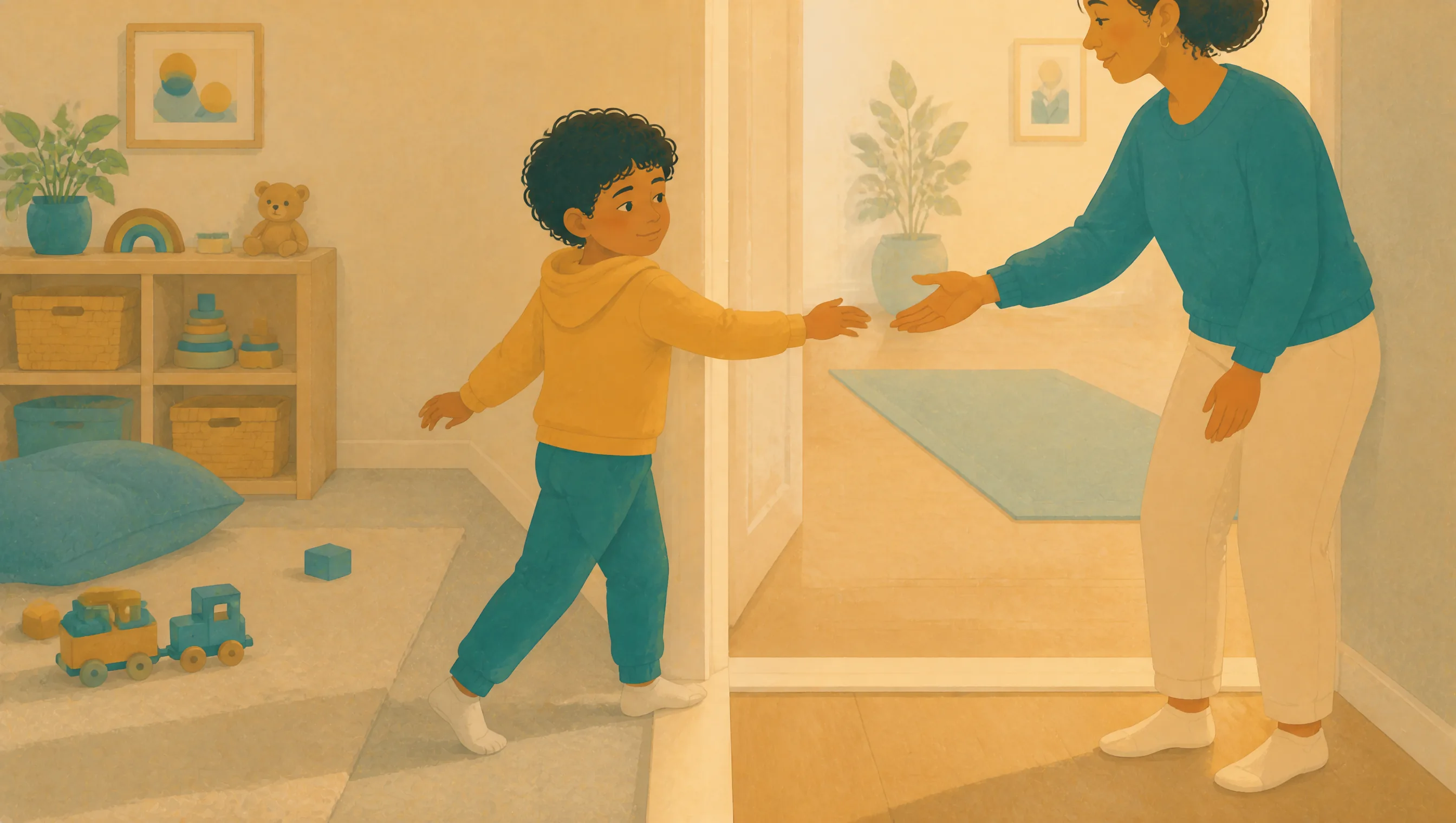 A curly-haired child in a yellow hoodie steps through a doorway from a playroom towards an adult in a teal jumper, both reaching out with one hand.