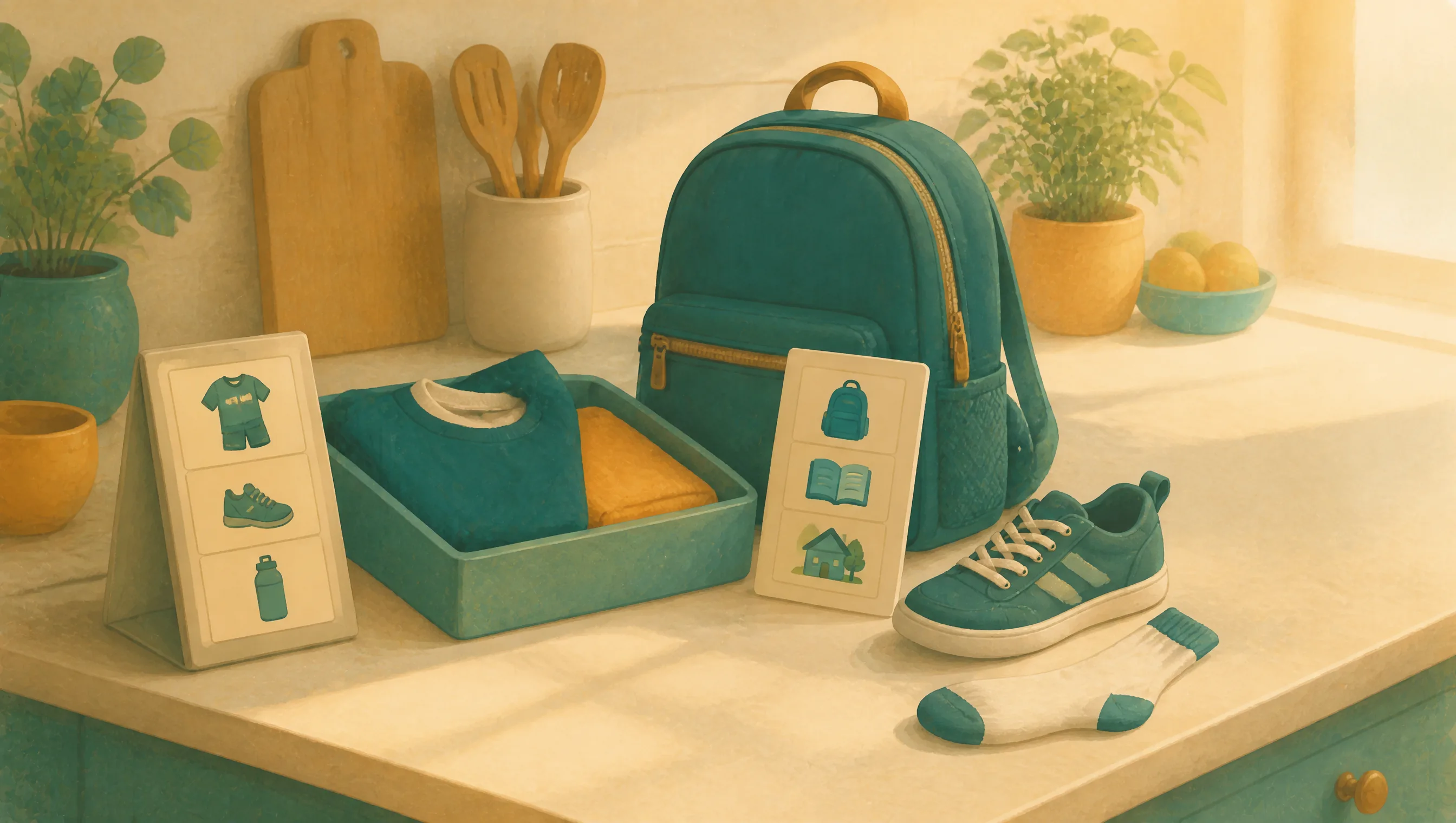 School kit laid out on a kitchen counter: a backpack, folded clothes in a tray, a trainer and sock, and two picture cards showing what to gather.