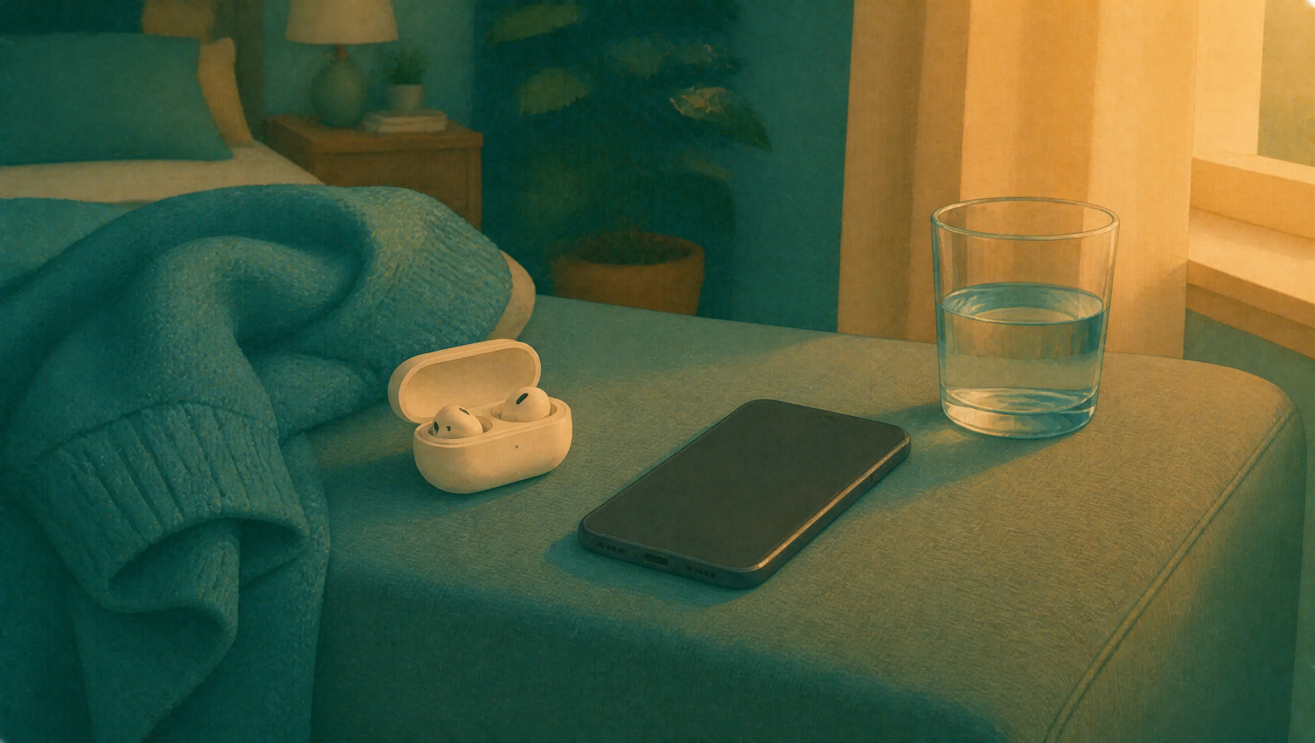 A phone with a dark screen rests on a bedside table beside a pair of earbuds in their open case and a glass of water.